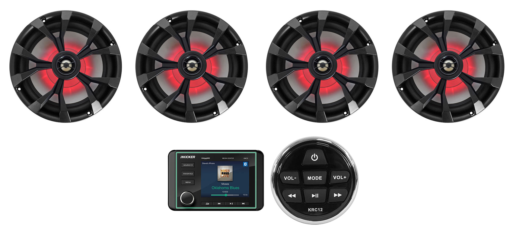 KICKER KMC5 Marine Digital Media Bluetooth Receiver+Remote+(4) Black 8" Speakers
