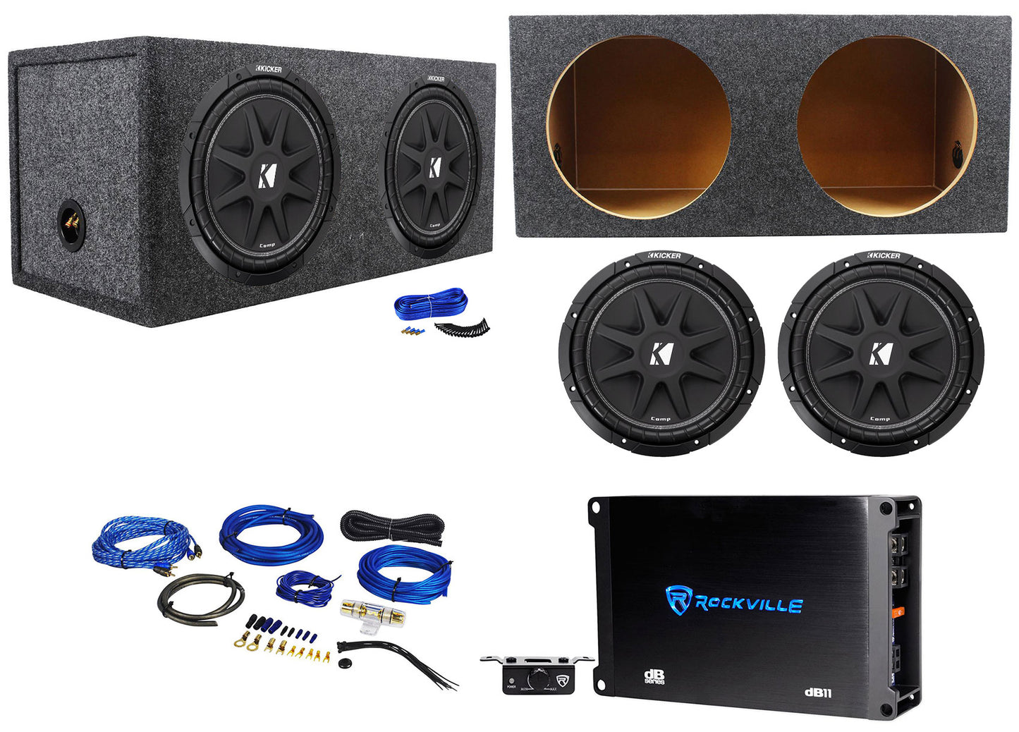 2) Kicker 43C124 12" Subwoofers+Sealed Sub Box Enclosure+Mono Amplifier+Amp Kit