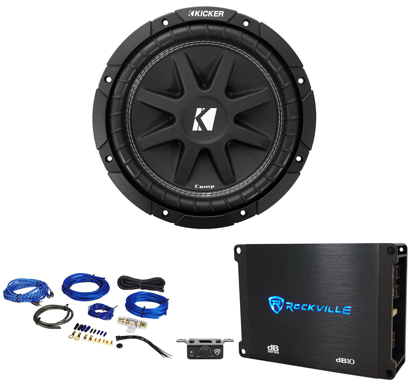 KICKER 43C104 Comp 10" 300 Watt Car Audio Subwoofer Sub+Mono Amplifier+Amp Kit