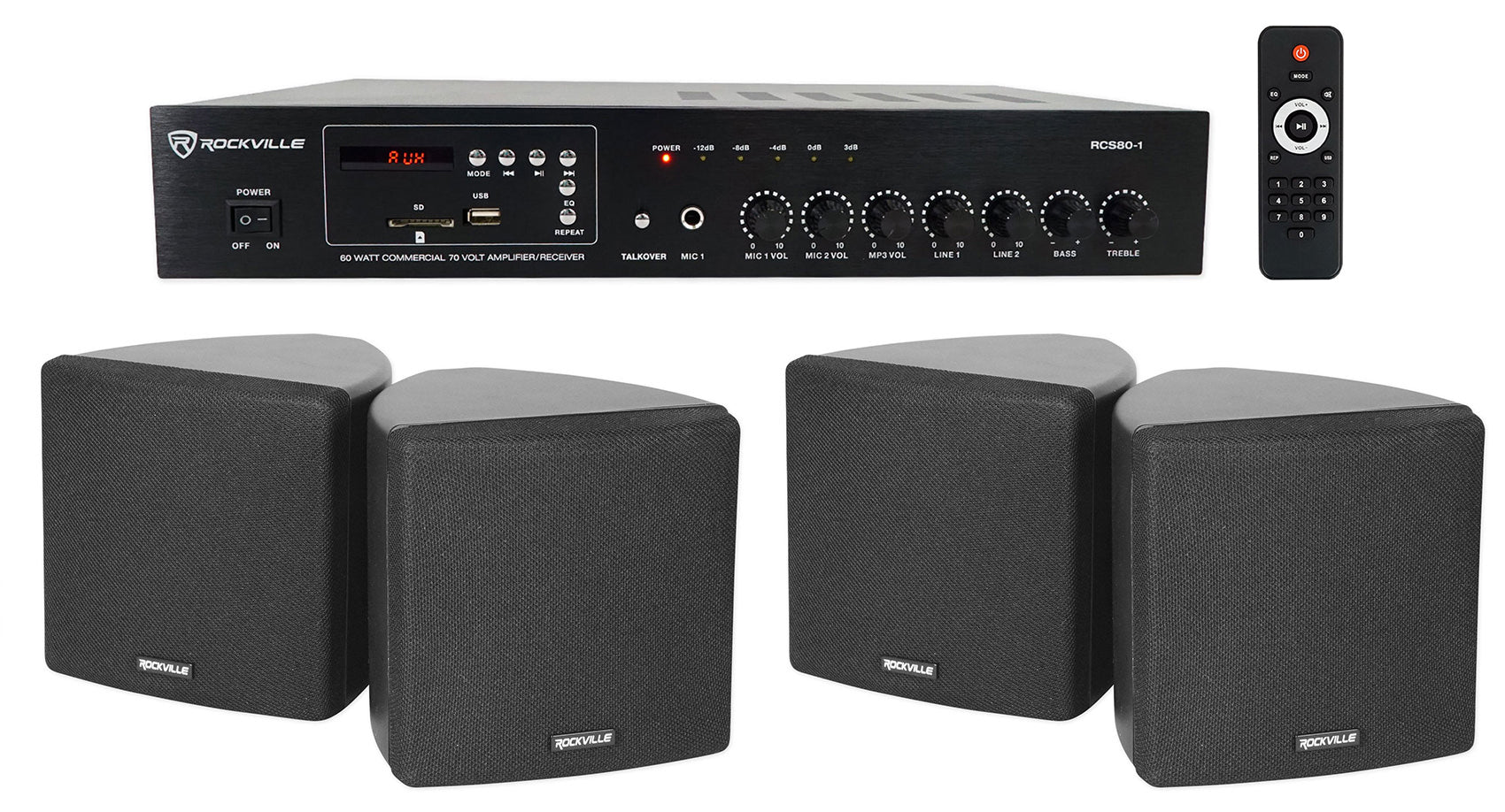 RCS80-1 60W Amp 2-Pack + Cube 3.5" Black Speakers Bundle