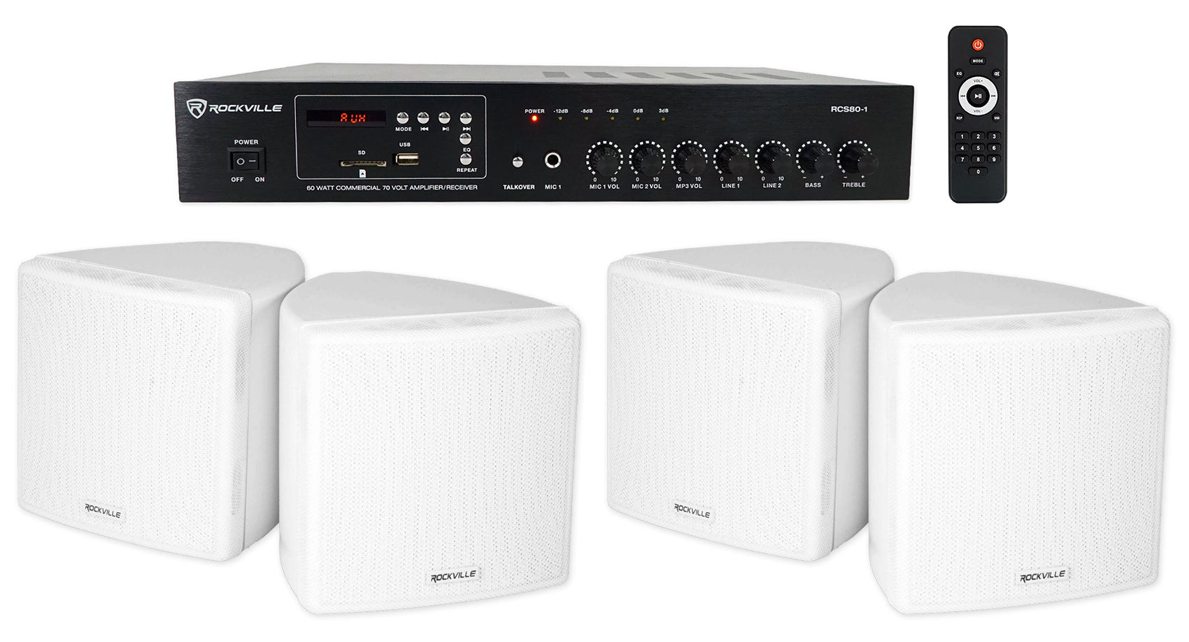 RCS80-1 60W Amp 2-Pack + Cube 3.5" White Speakers Bundle
