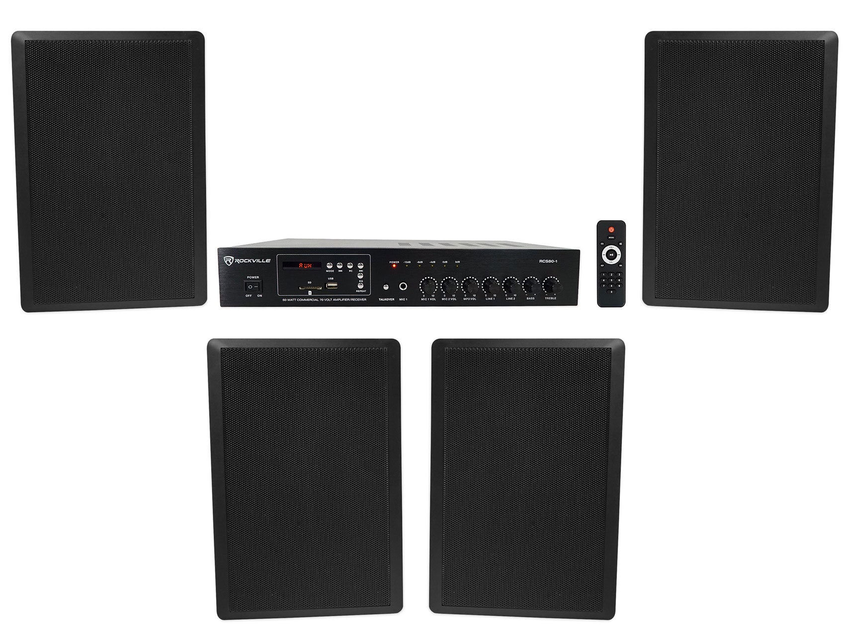 RCS80-1 60W Amplifier + RockSlim 70B Black Wall Speakers 4-Pack Bundle
