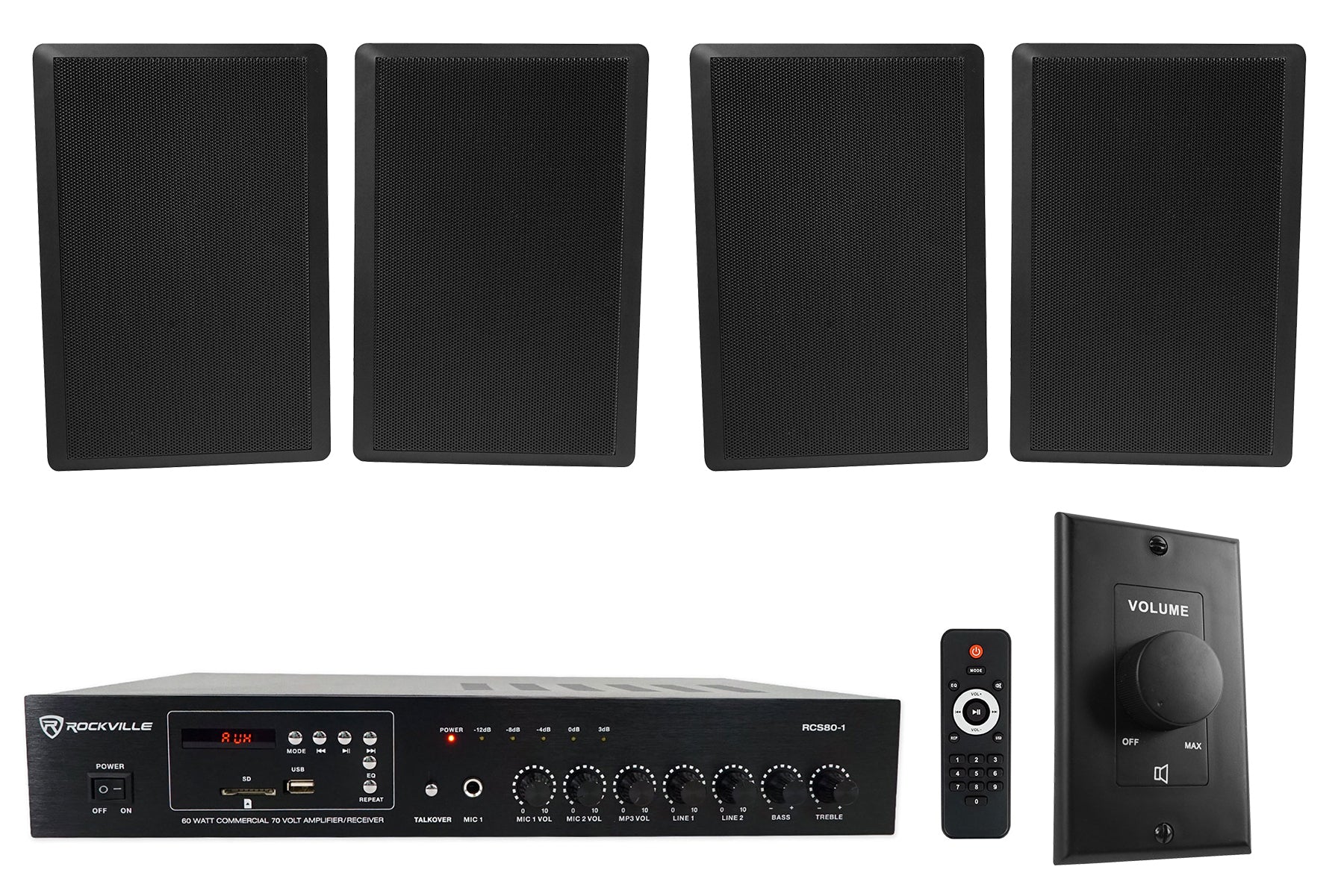 RCS80-1 60W Amplifier + RockSlim 70B Black Speakers 4-Pack + VOL70100 Black Bundle