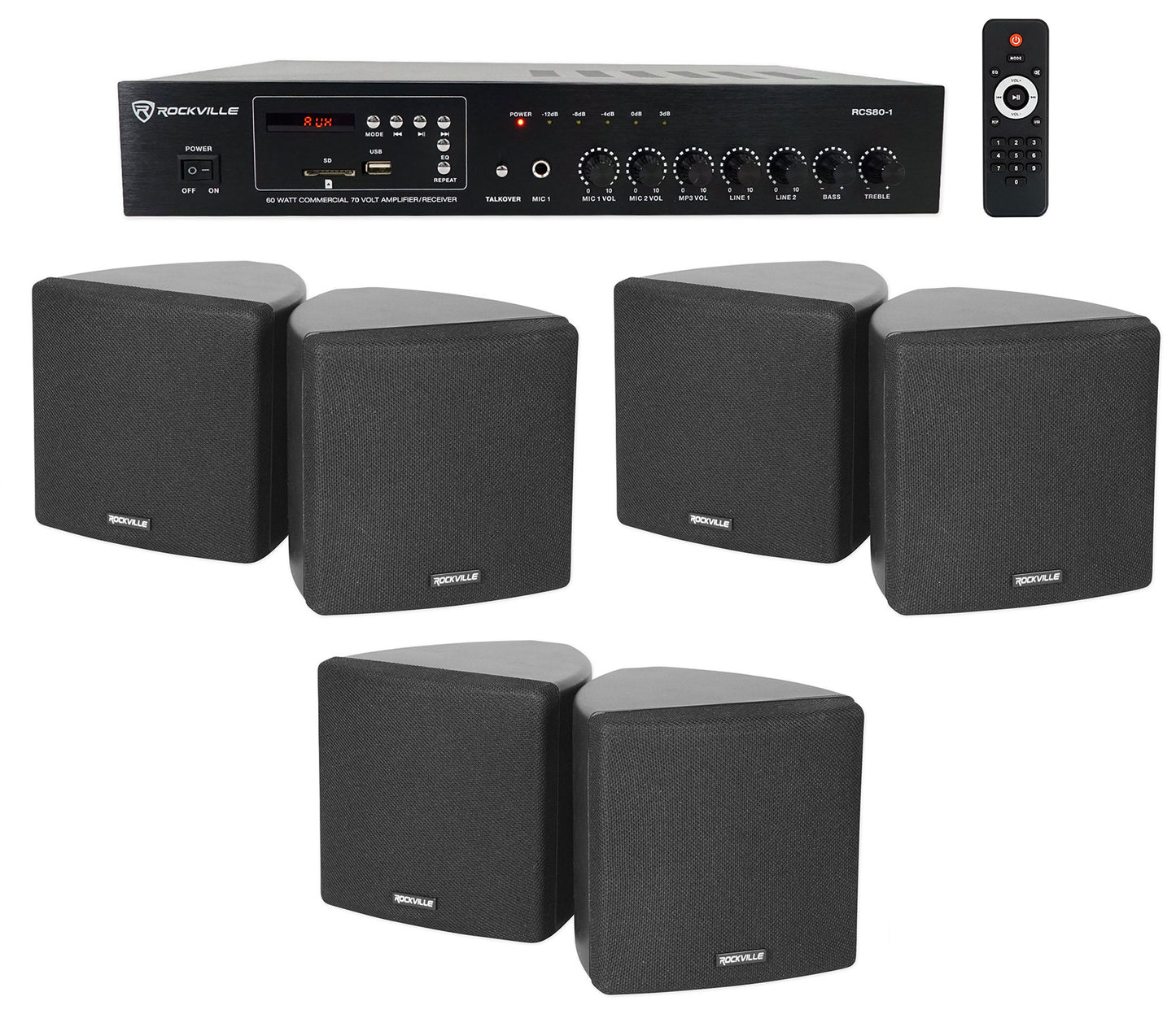 RCS80-1 60W Amp 3-Pack + Cube 3.5" Black Speakers Bundle
