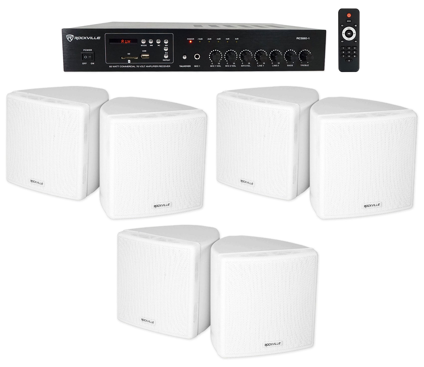 RCS80-1 60W Amp 3-Pack + Cube 3.5" White Speakers Bundle