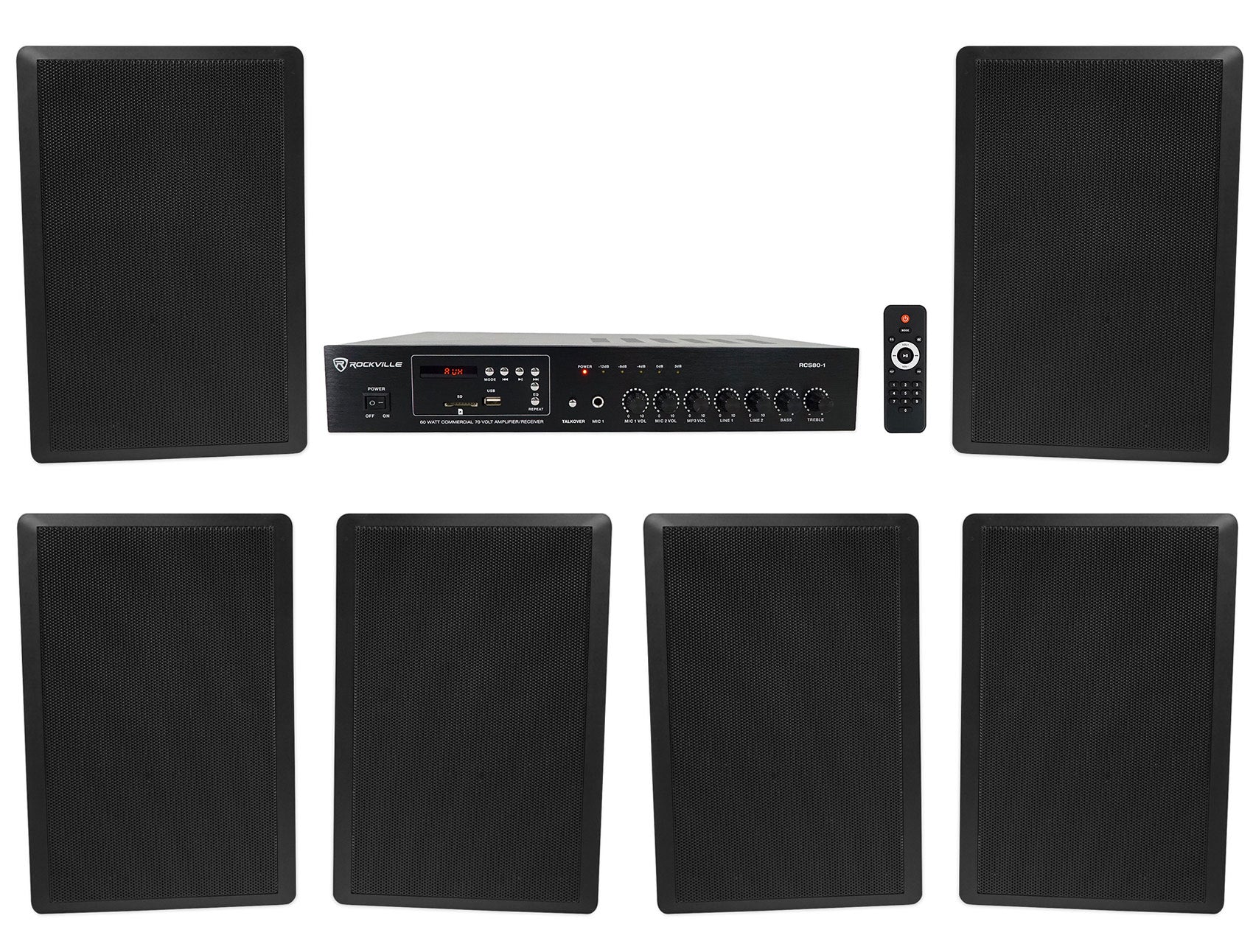 RCS80-1 60W Amplifier + RockSlim 70B Black Wall Speakers 6-Pack Bundle