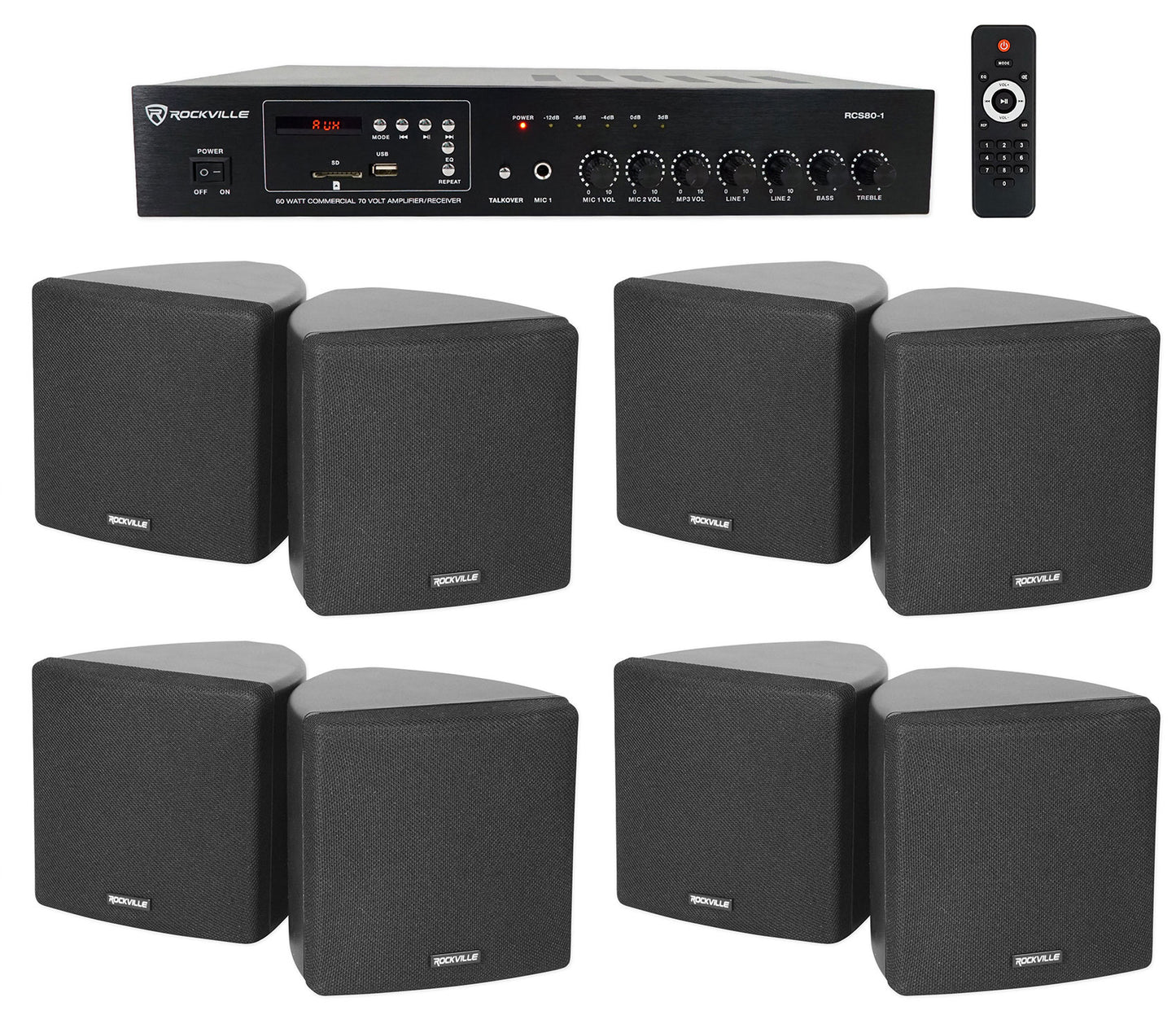 RCS80-1 60W Amp 4-Pack + Cube 3.5" Black Speakers Bundle