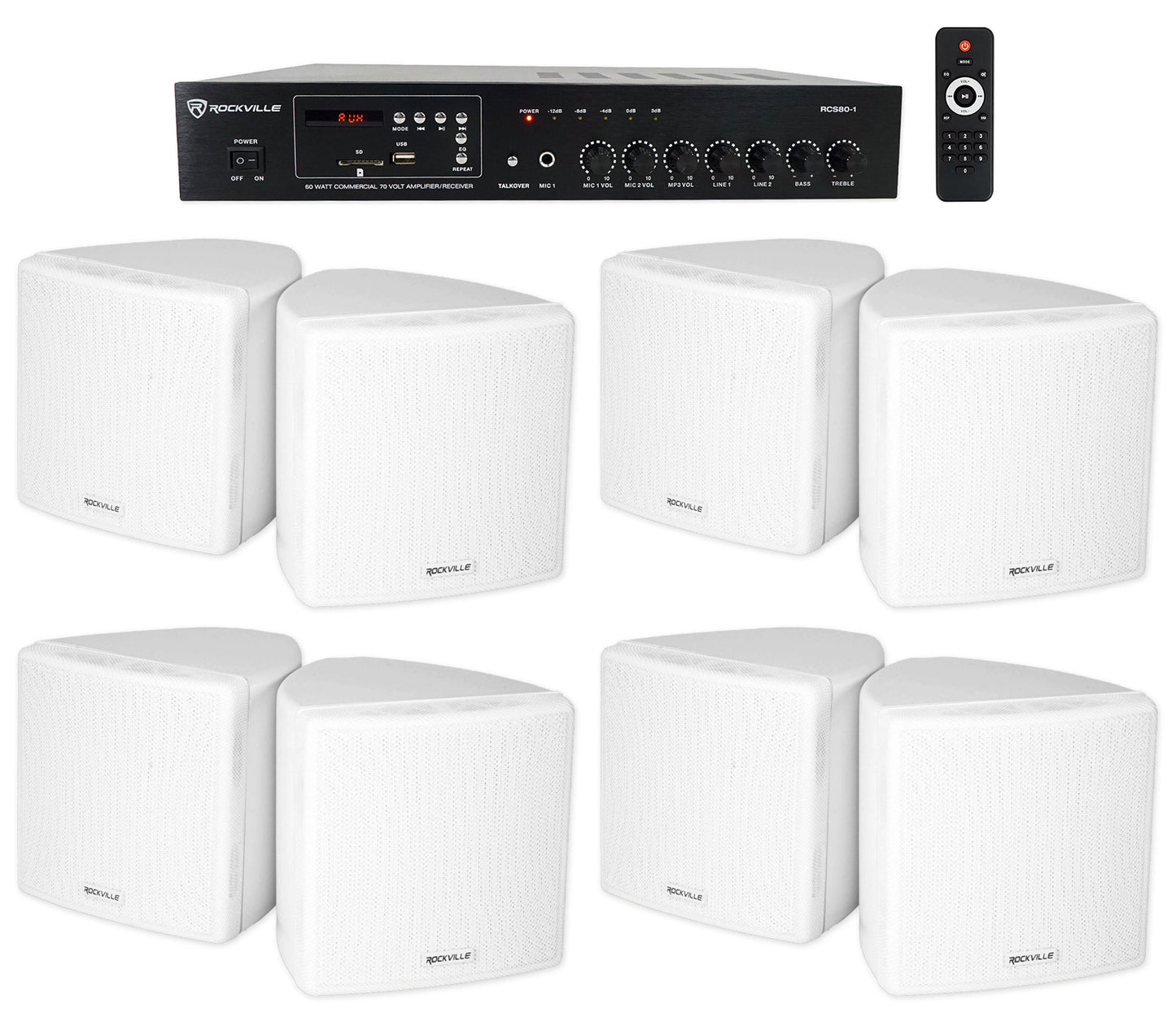 RCS80-1 60W Amp 4-Pack + Cube 3.5" White Speakers Bundle