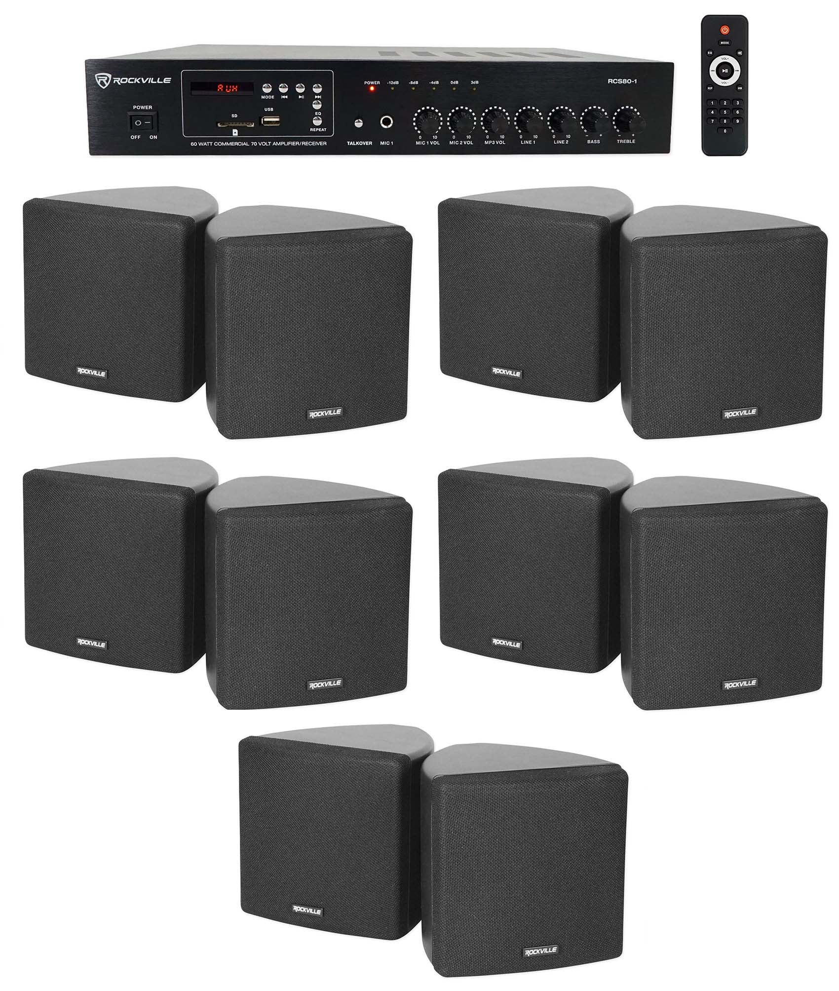 RCS80-1 60W Amp 5-Pack + Cube 3.5" Black Speakers Bundle