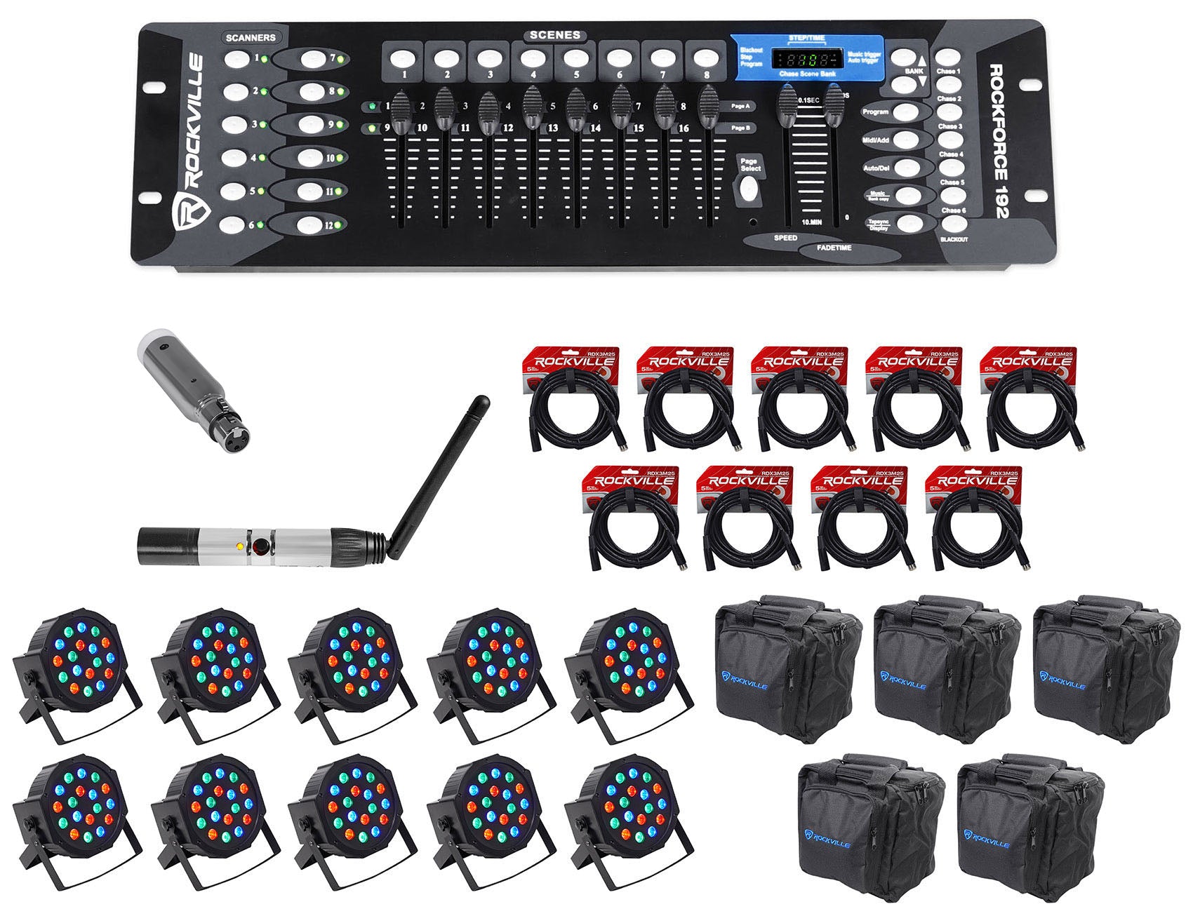 ROCKFORCE 192 + DMX-WTR + DMX-WRE + RockPAR50 10-Pack Bundle