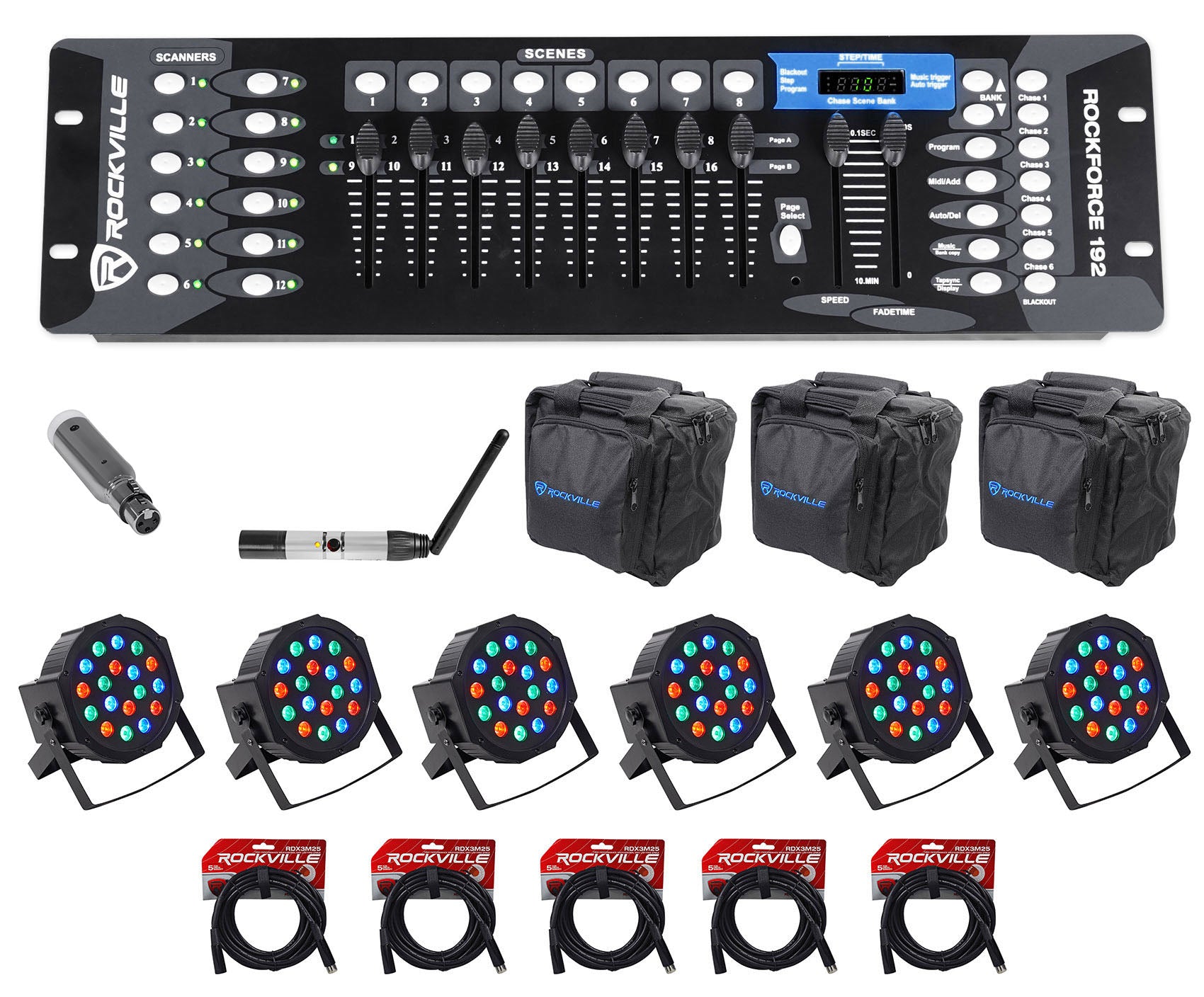 ROCKFORCE 192 + DMX-WTR + DMX-WRE + RockPAR50 6-Pack Bundle