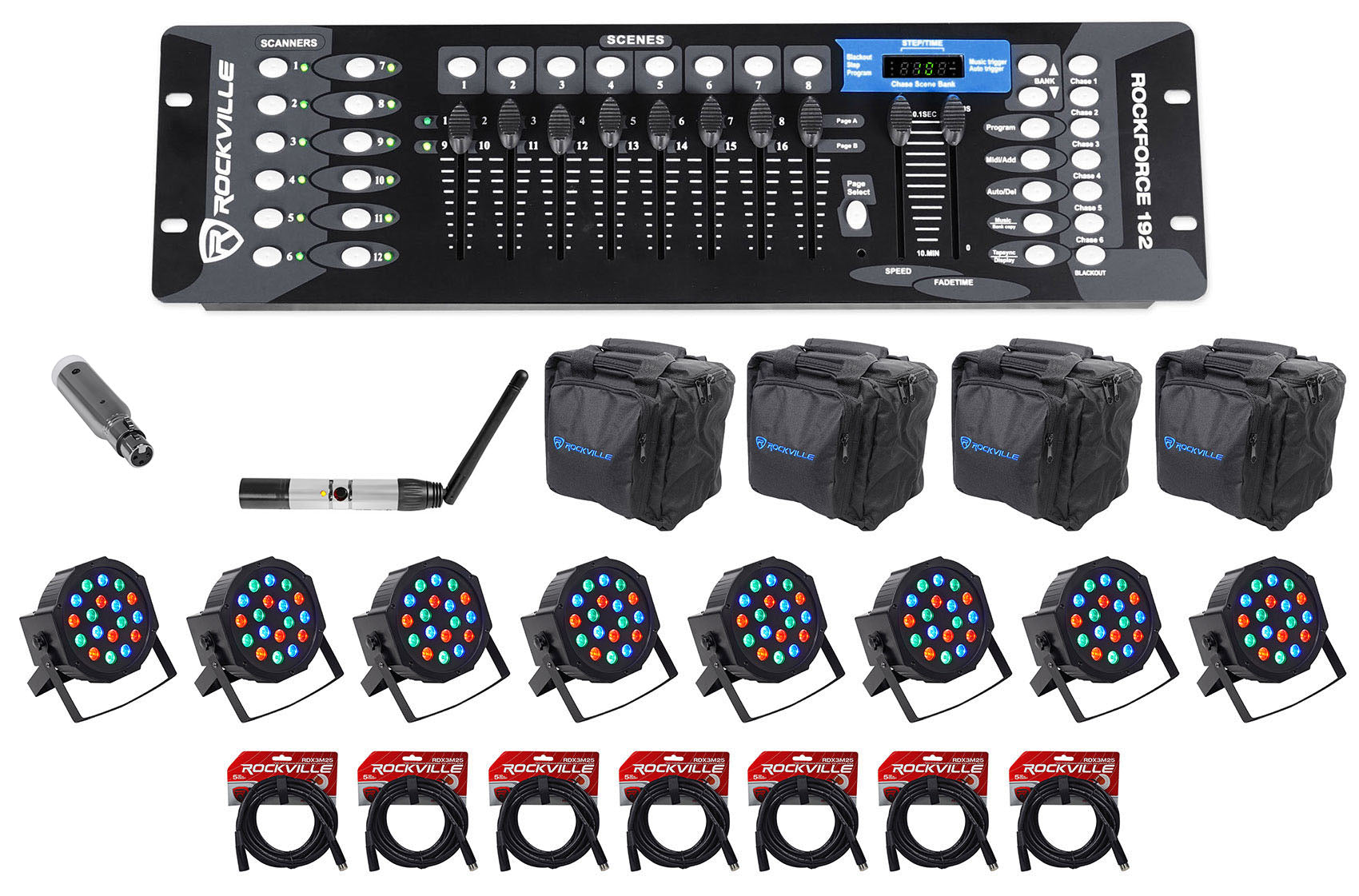 ROCKFORCE 192 + DMX-WTR + DMX-WRE + RockPAR50 8-Pack Bundle