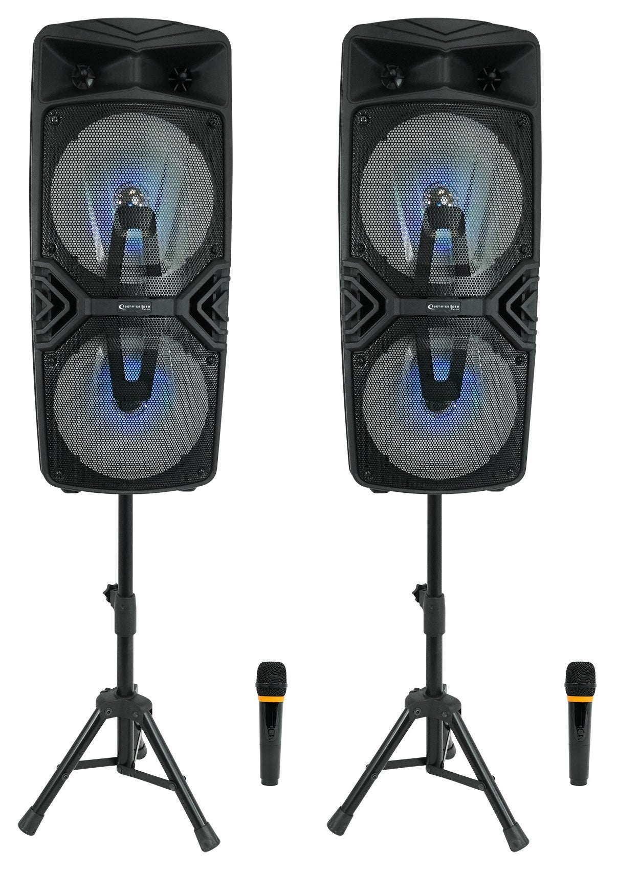 2) Technical Pro Dual 8" Wireless Rechargeable Backyard DJ Party Speakers + Mics