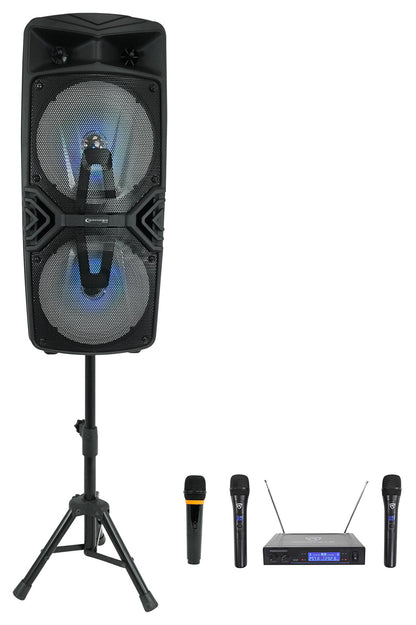 Technical Pro Dual 8" Rechargeable Karaoke Machine System Bundle with Stand & 3) Wireless Mics