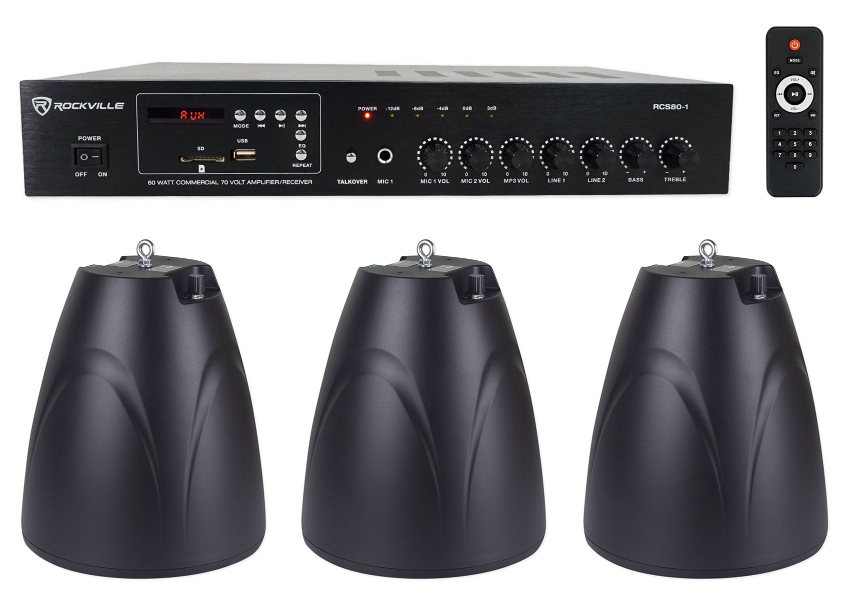 RCS80-1 60W Amp 3-Pack + PEN-65T Black Pendant Speakers Bundle