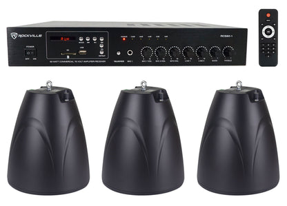 RCS80-1 60W Amp 3-Pack + PEN-65T Black Pendant Speakers Bundle