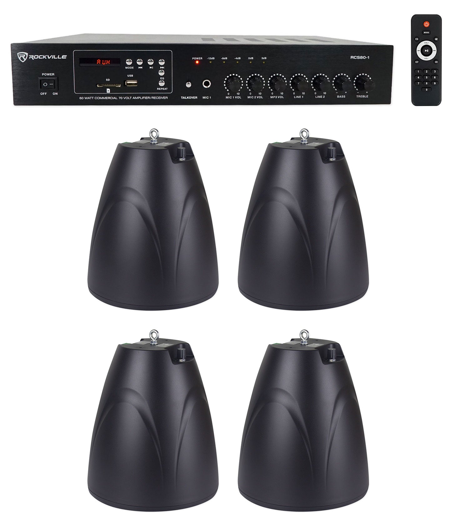 RCS80-1 60W Amp 4-Pack + PEN-65T Black Pendant Speakers Bundle