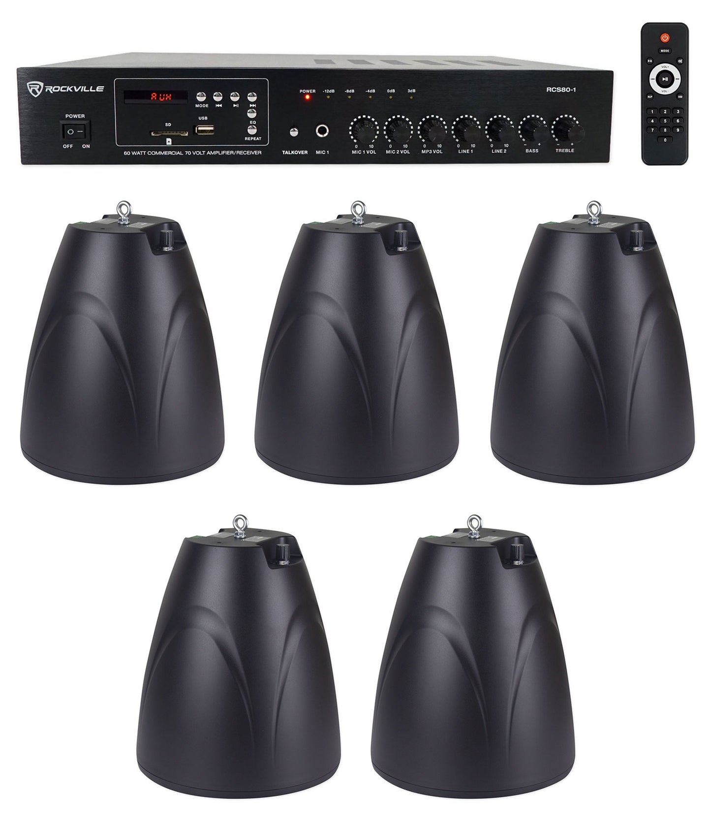 RCS80-1 60W Amp 5-Pack + PEN-65T Black Pendant Speakers Bundle