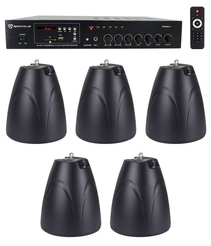 RCS80-1 60W Amp 5-Pack + PEN-65T Black Pendant Speakers Bundle