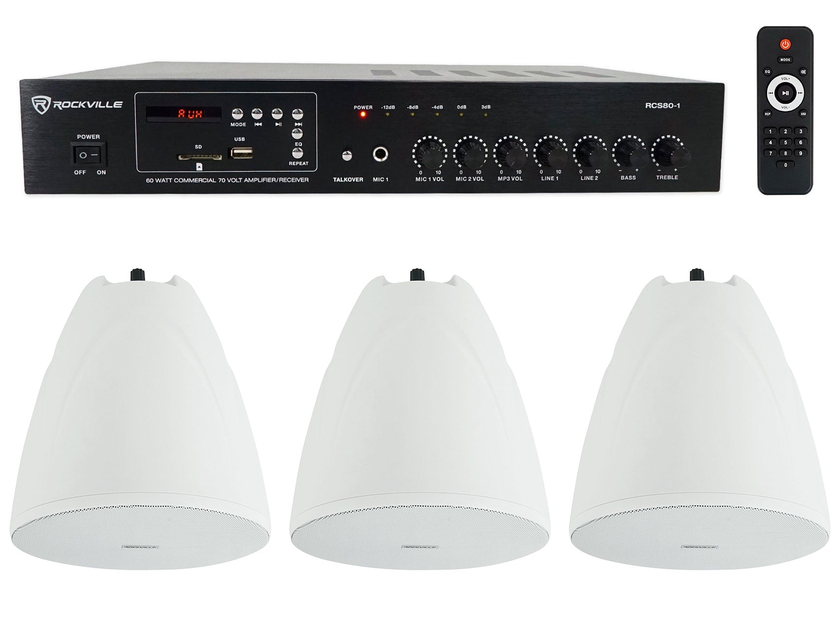 RCS80-1 60W Amplifier 3-Pack + PEN-65T White Pendant Speaker Bundle