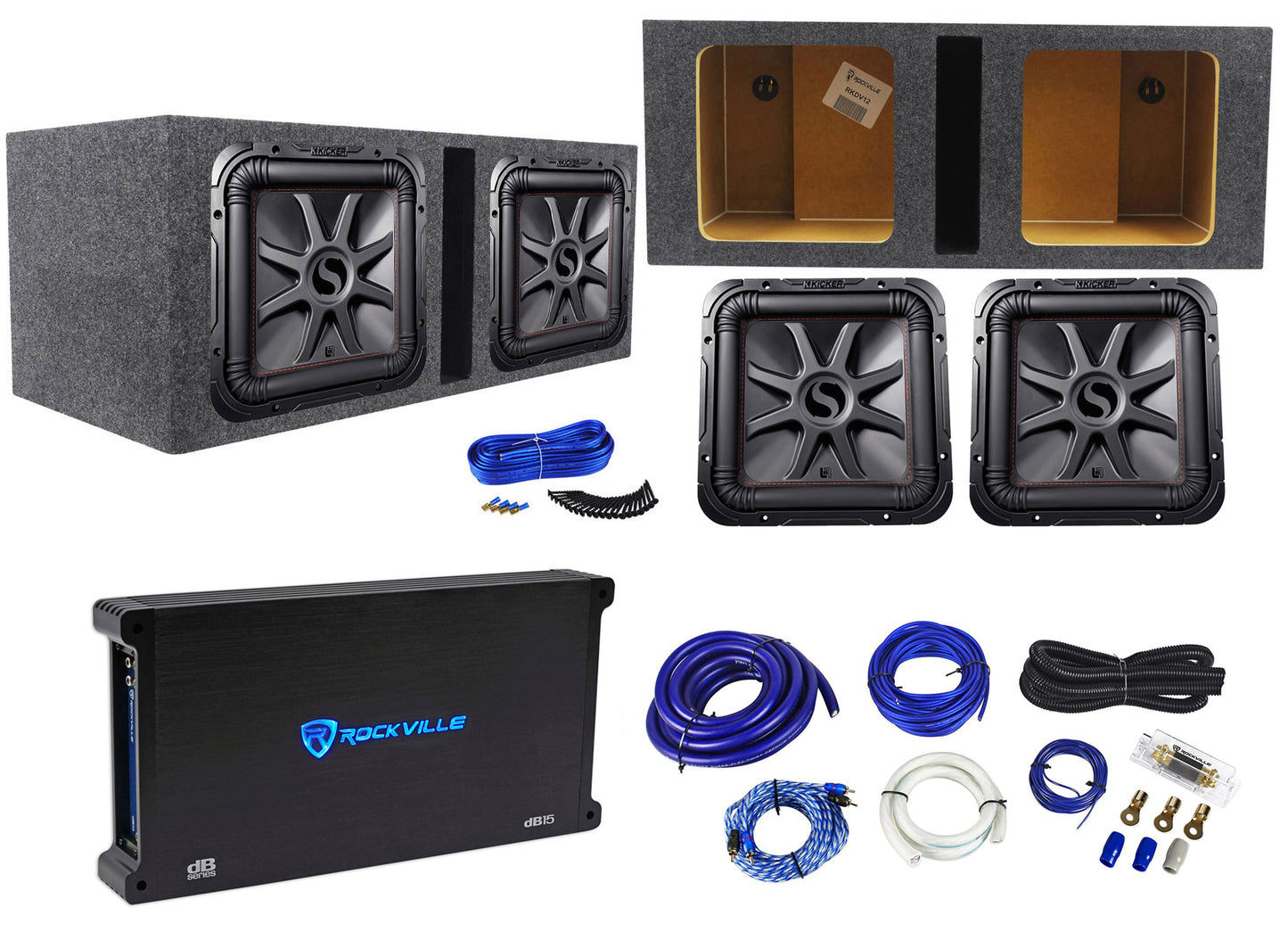 2) KICKER 45L7R122 12" 1200w L7R Solo-Baric Subwoofers+Vented Sub Box+Amp+Wires
