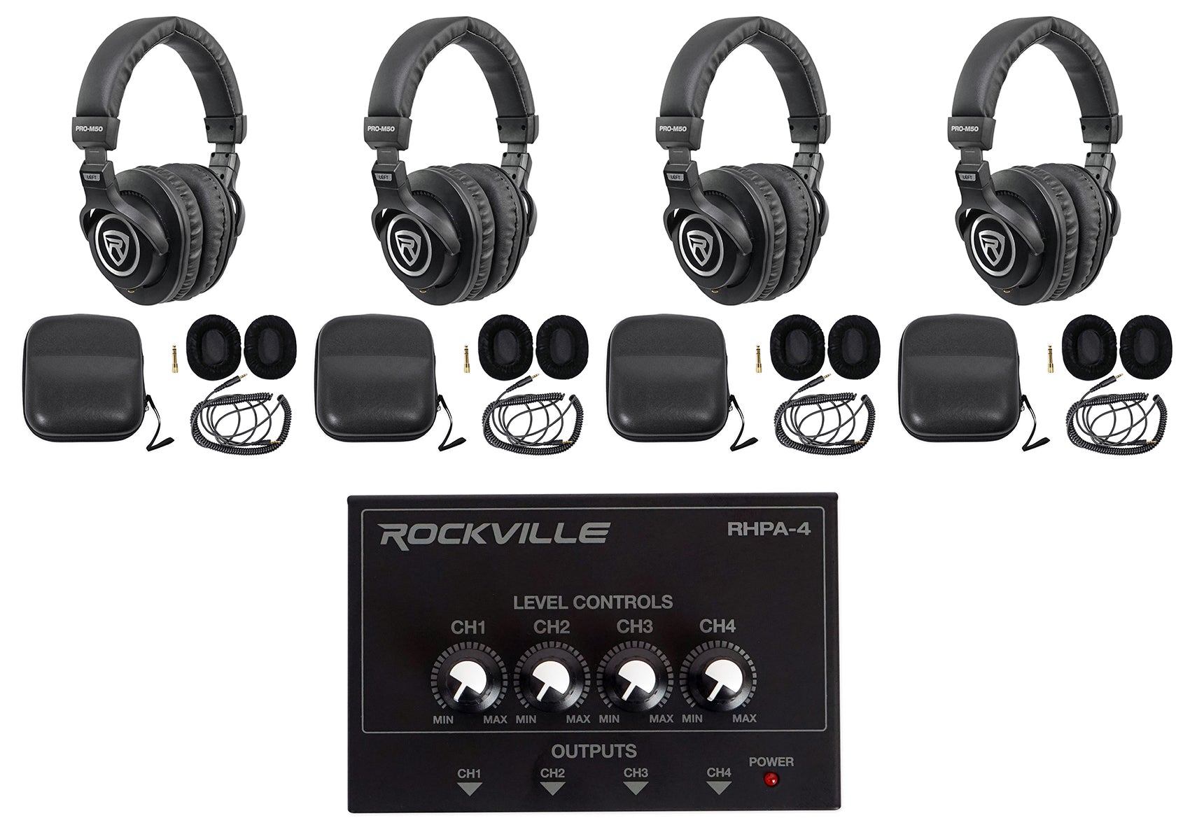 PRO-M50 Headphones 4-Pack + RHPA4 Headphone Amp Bundle