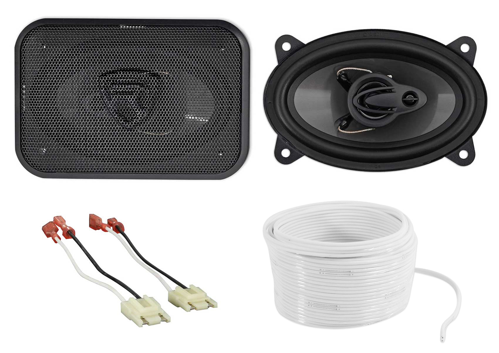 RV46.3A 4x6 Car Speakers + Speaker Harness & 50' OFC Wire Bundle