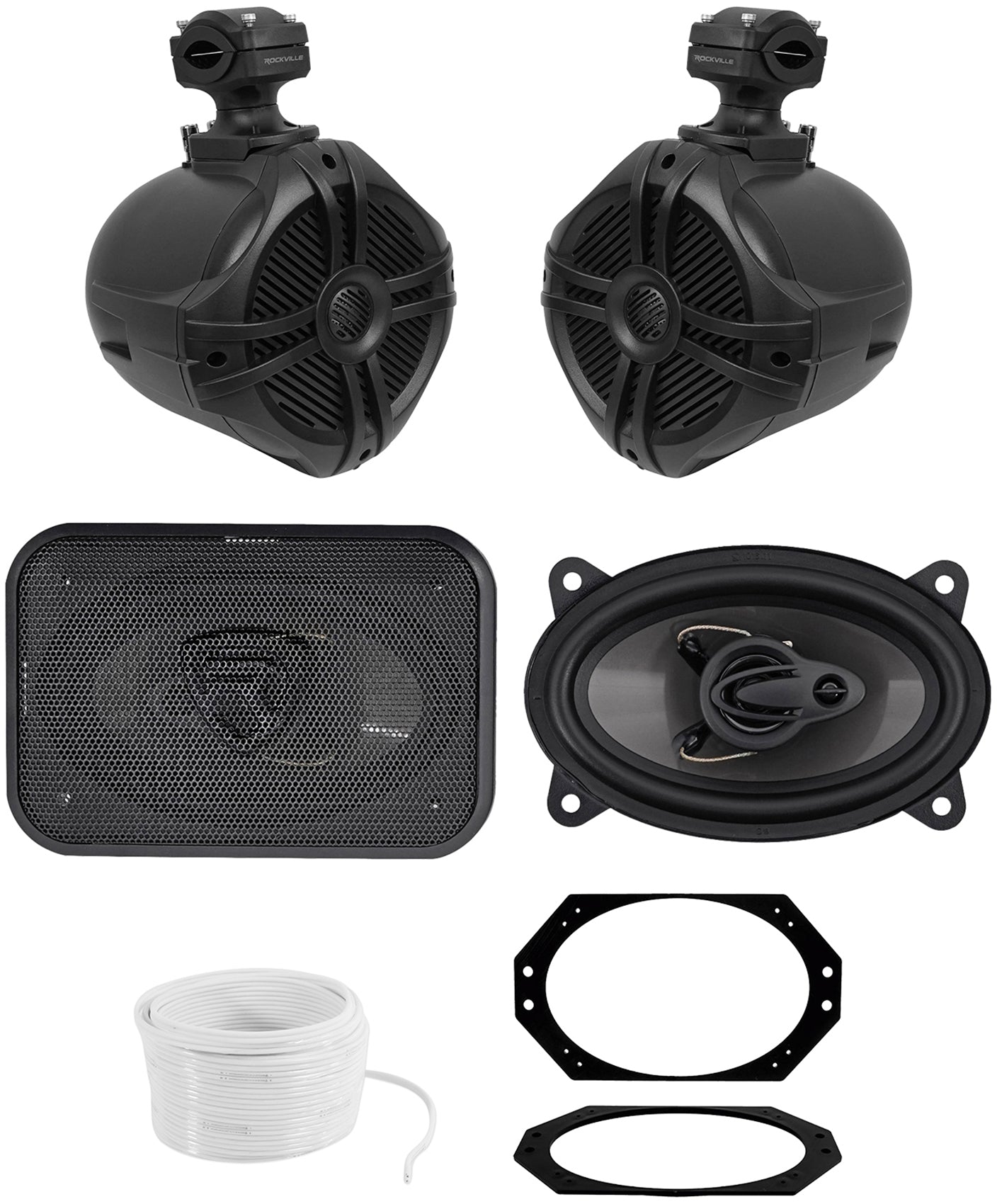 RWB70B Wakeboard Tower Speakers 2-Pack + 4x6" Dash Speakers & Wire Bundle