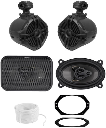 RWB70B Wakeboard Tower Speakers 2-Pack + 4x6" Dash Speakers & Wire Bundle