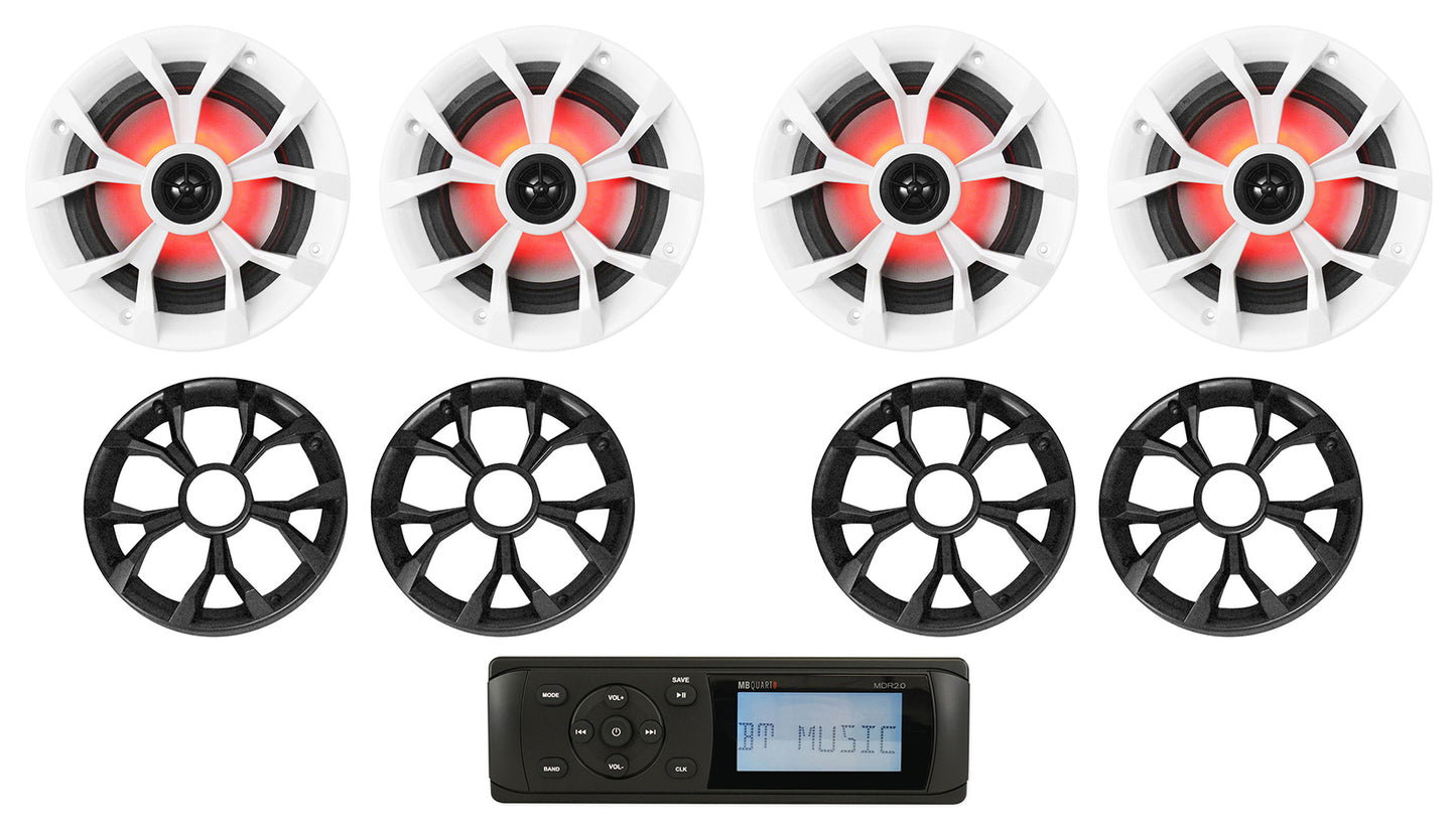 MB Quart MDR2.0 1-Din Marine/Boat Bluetooth/USB Receiver+(4) 6.5" LED Speakers