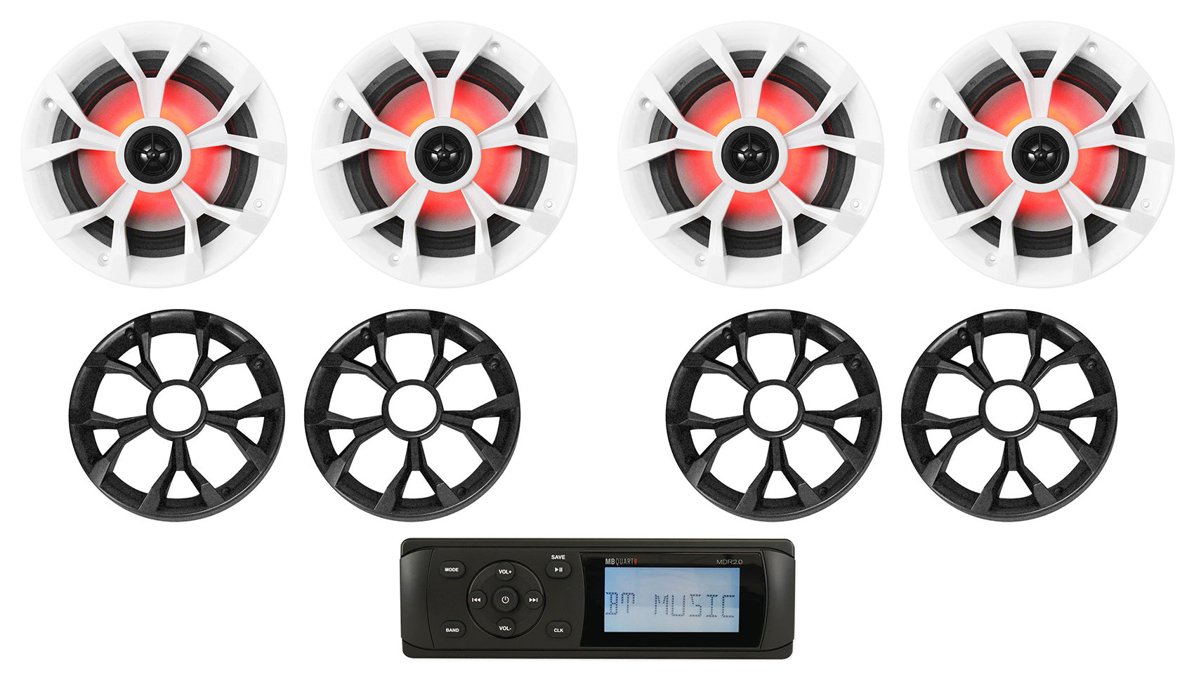 MB Quart MDR2.0 1-Din Marine/Boat Bluetooth/USB Receiver+(4) 6.5" LED Speakers