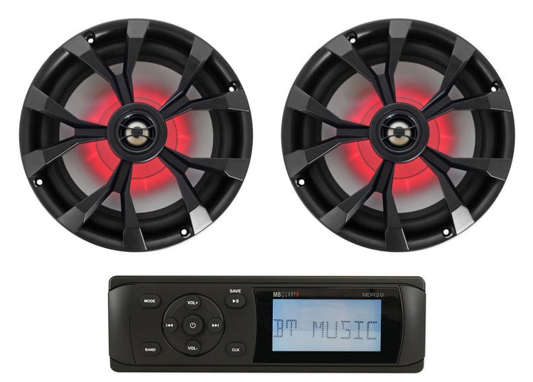 MB Quart MDR2.0 1-Din Marine/Boat Bluetooth Receiver+(2) 8" Black LED Speakers