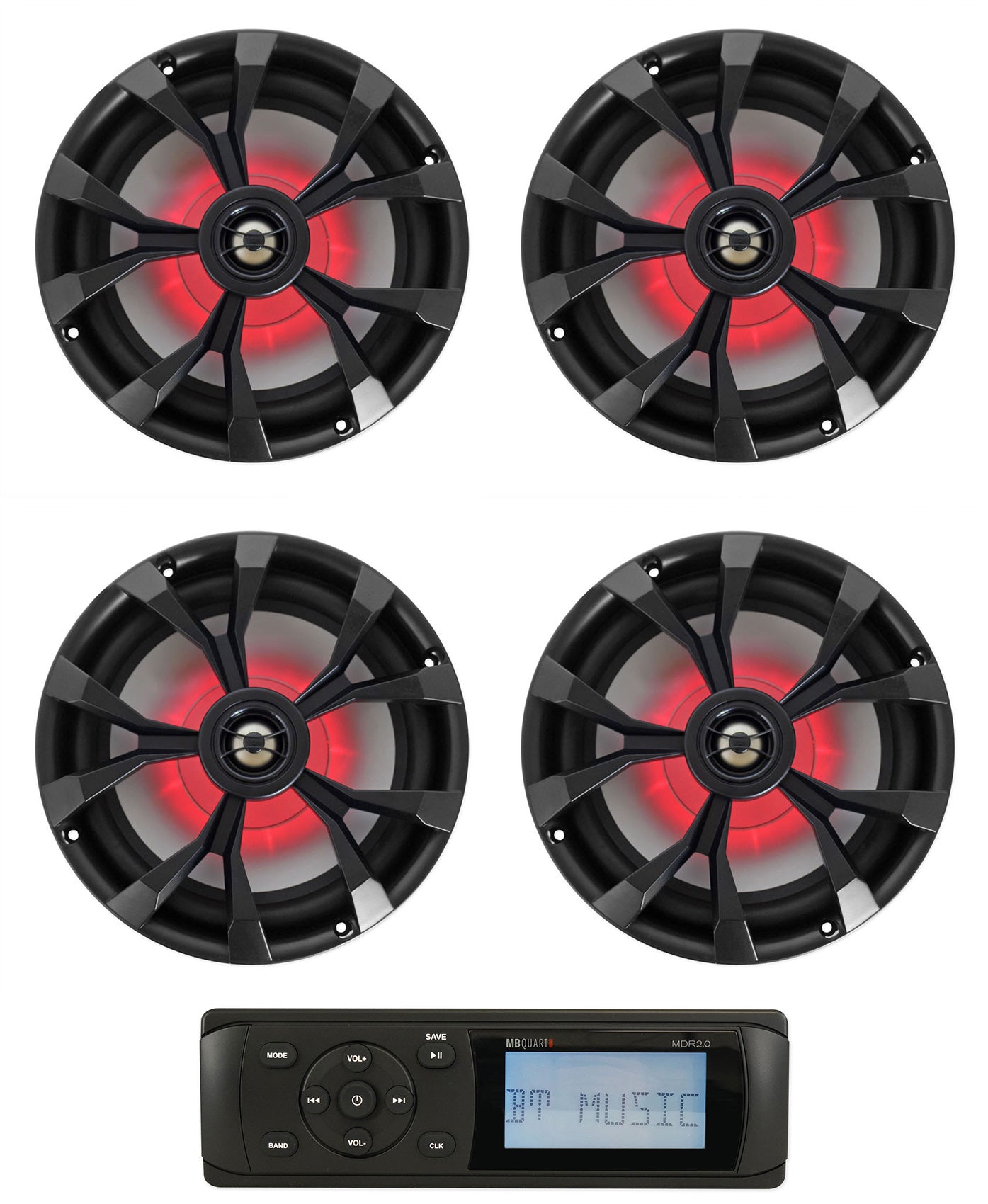 MB Quart MDR2.0 1-Din Marine/Boat Bluetooth Receiver+(4) 8" Black LED Speakers
