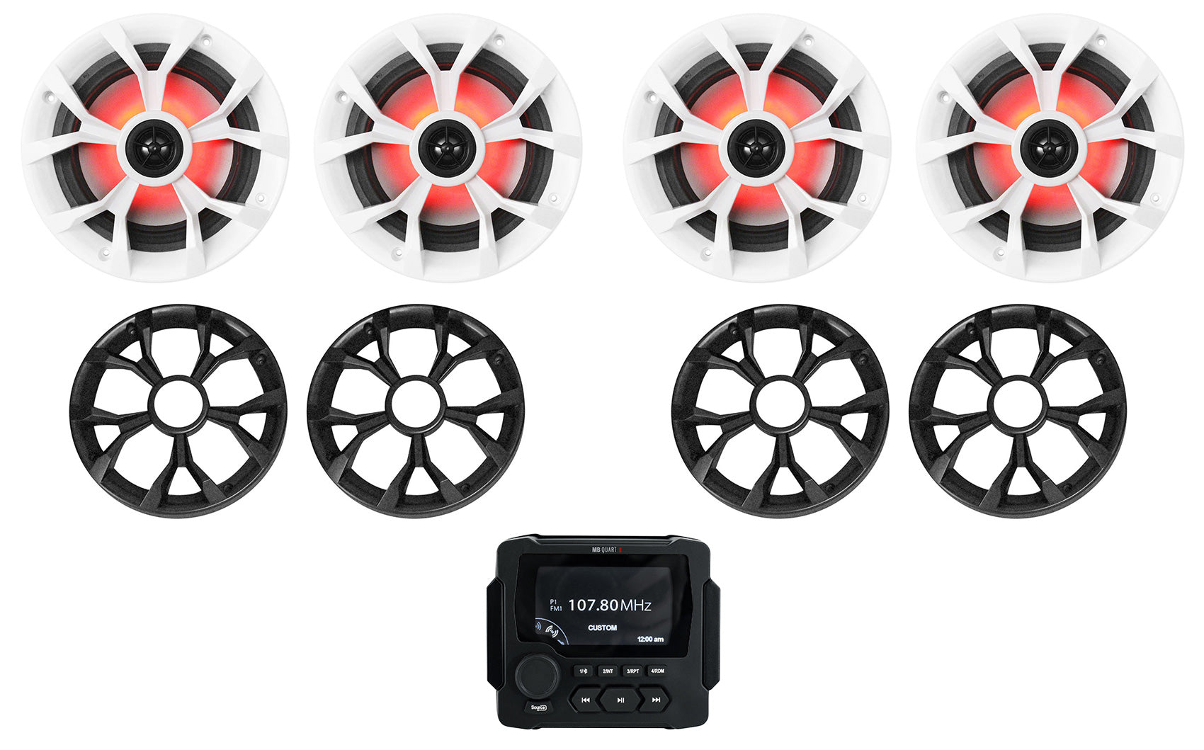 MB Quart GMR-LED Marine/Boat Receiver w/Bluetooth/USB+(4) 6.5" LED Speakers