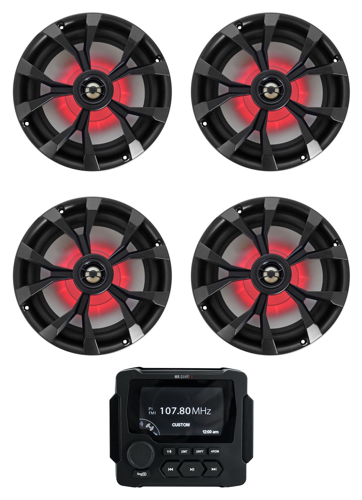 MB Quart GMR-LED Marine/Boat Receiver w/Bluetooth/USB+(4) 8" Black LED Speakers