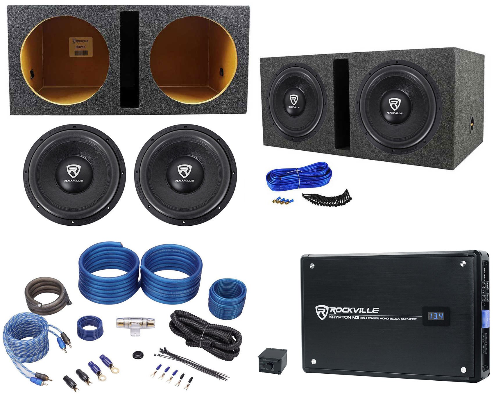 Rockville 12" Subwoofers 2-Pack + KRYPTON-M3 Mono Amplifier Bundle