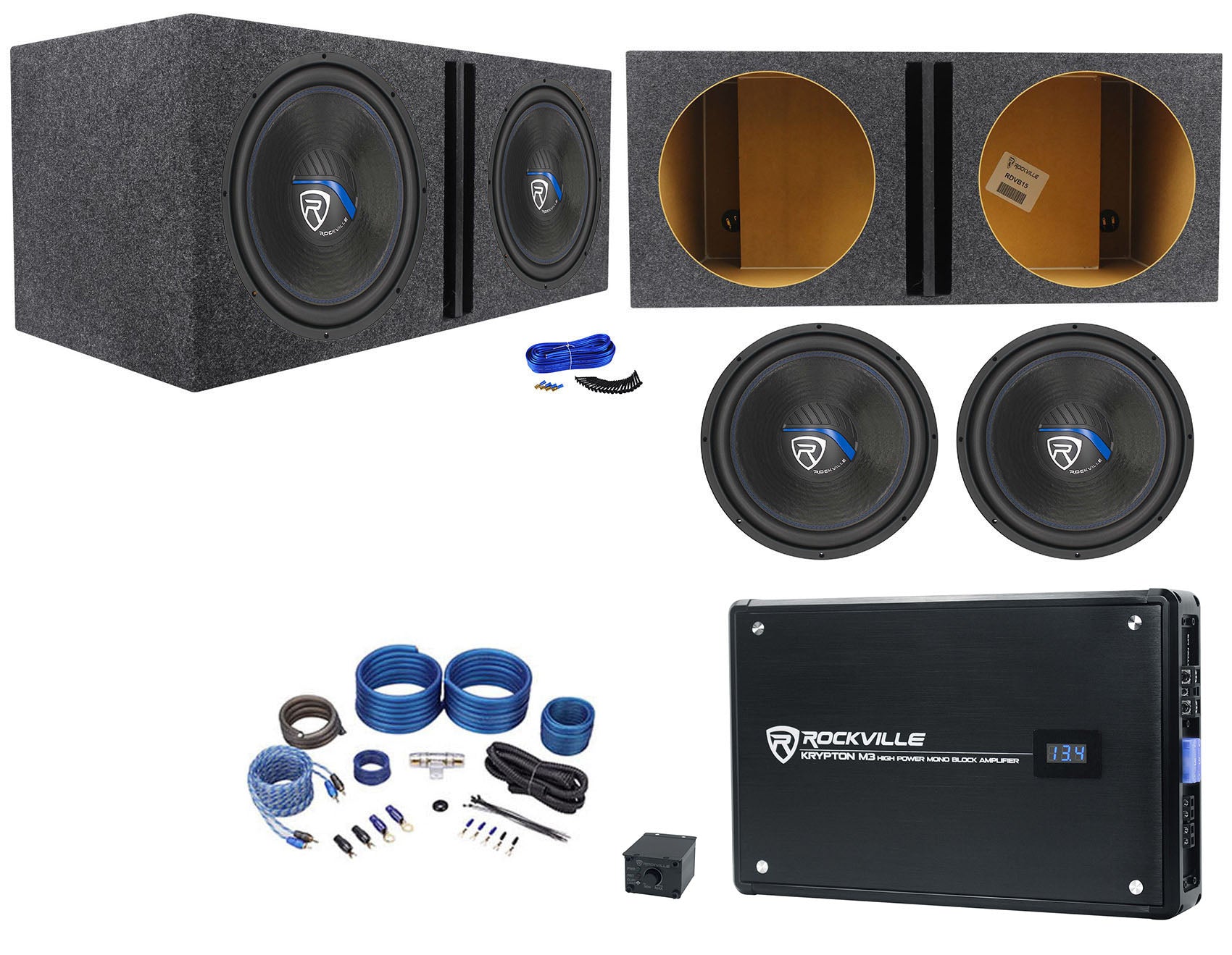 Rockville 15" Subwoofers 2-Pack + KRYPTON-M3 Mono Amplifier Bundle