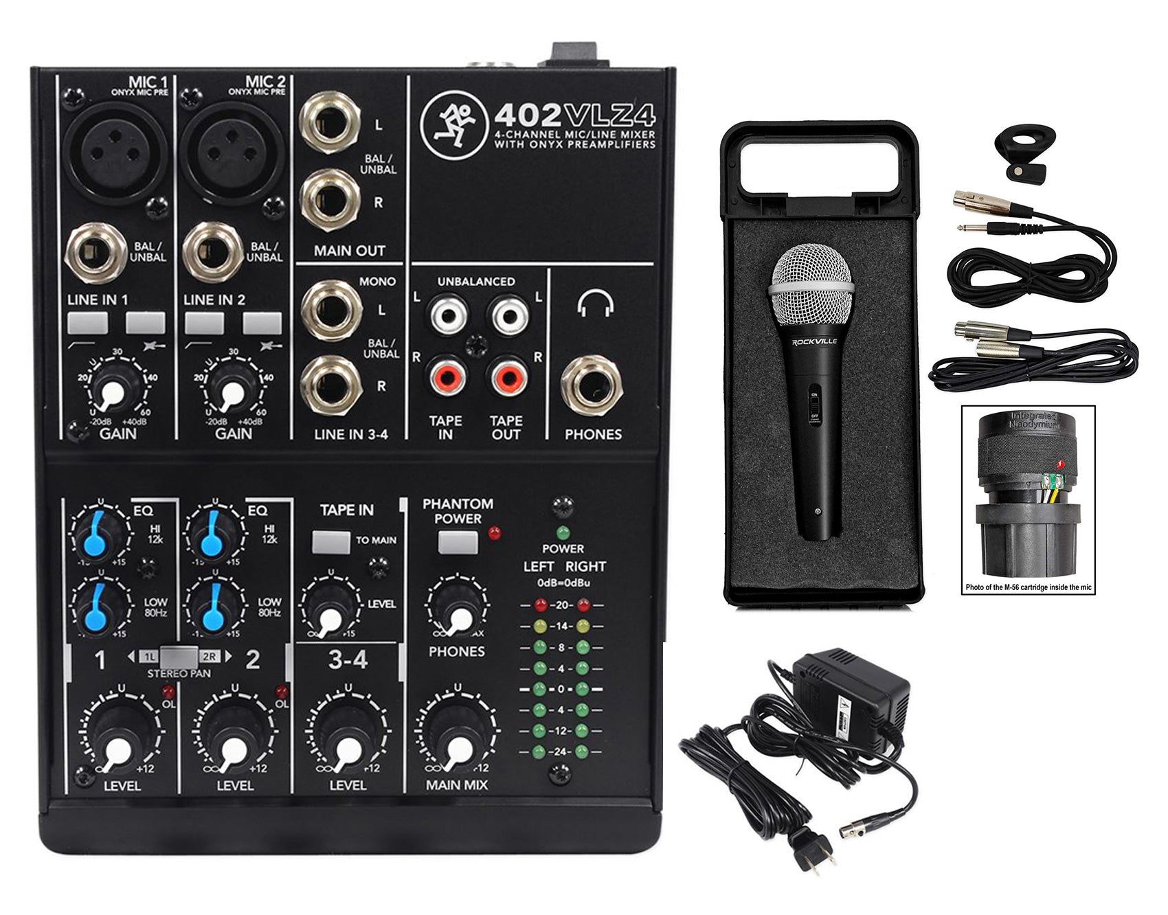 Mackie 402VLZ4 4-channel Compact Mixer w/ 2 ONYX Preamps+Microphone+XLR Cable