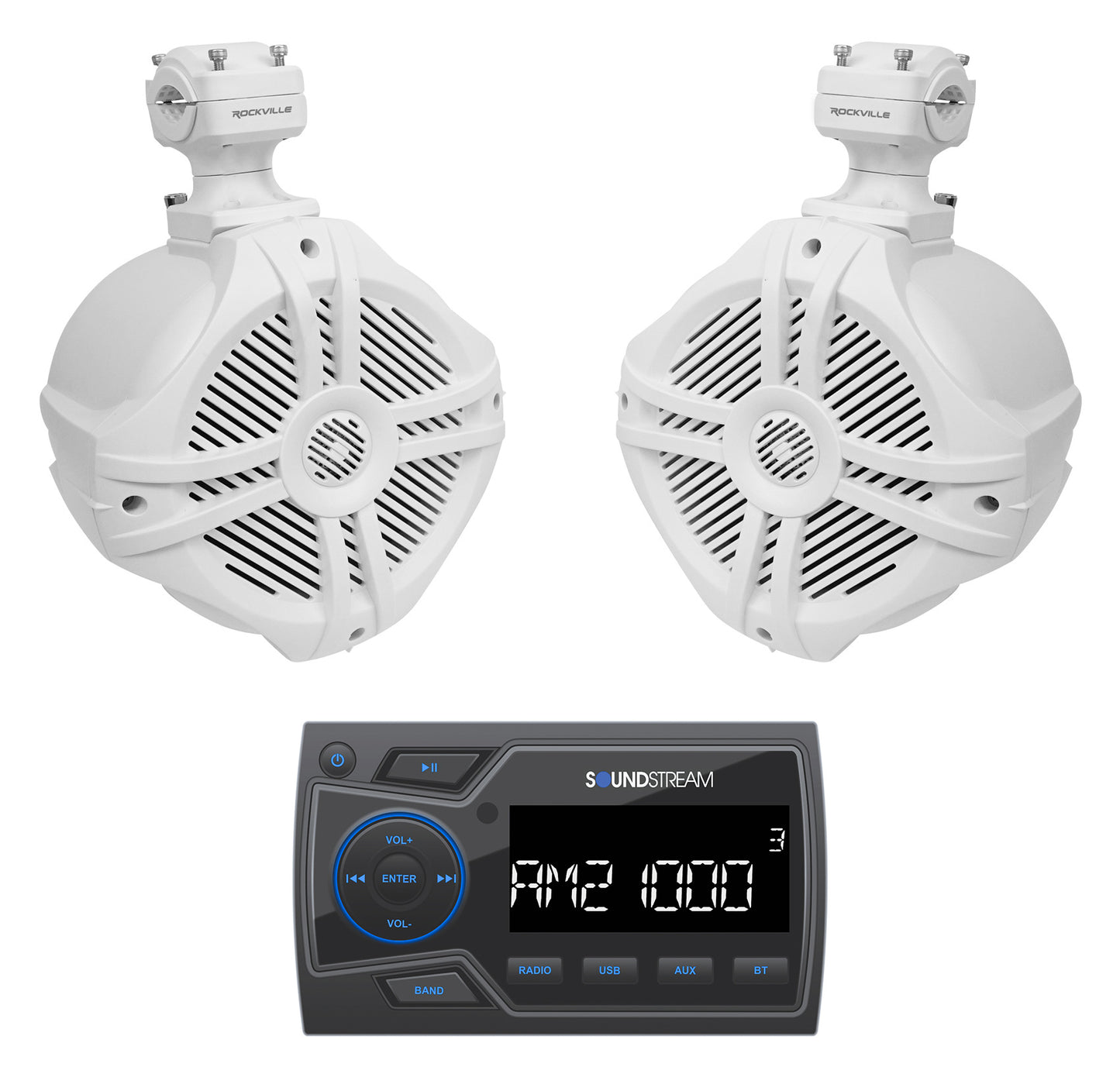 Soundstream MHU-32 Marine Boat Bluetooth Receiver+(2) 6.5" White Tower Speakers