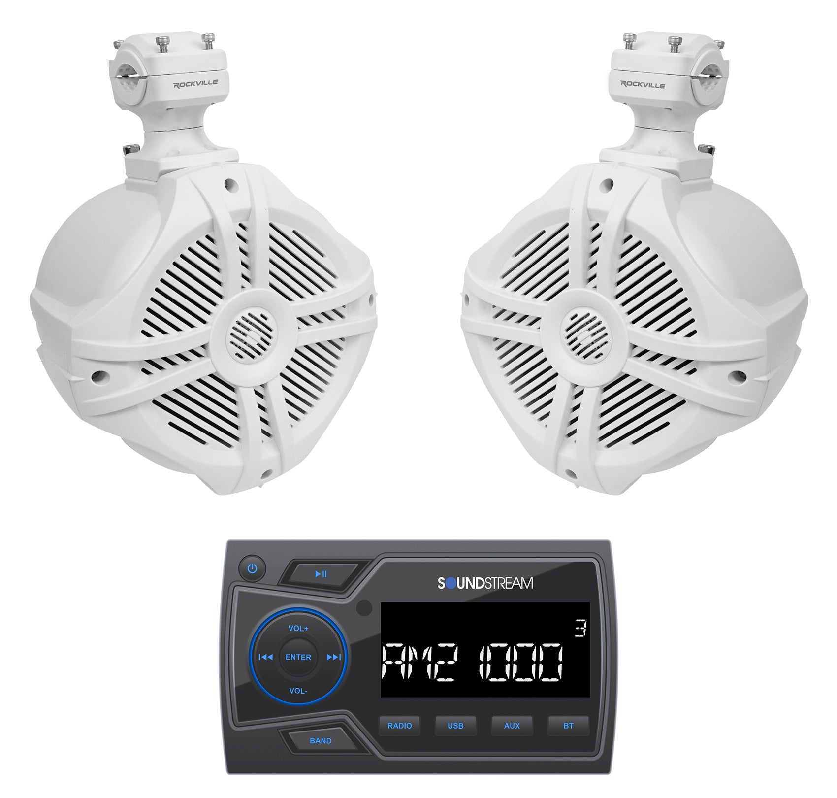 Soundstream MHU-32 Marine Boat Bluetooth Receiver+(2) 6.5" White Tower Speakers