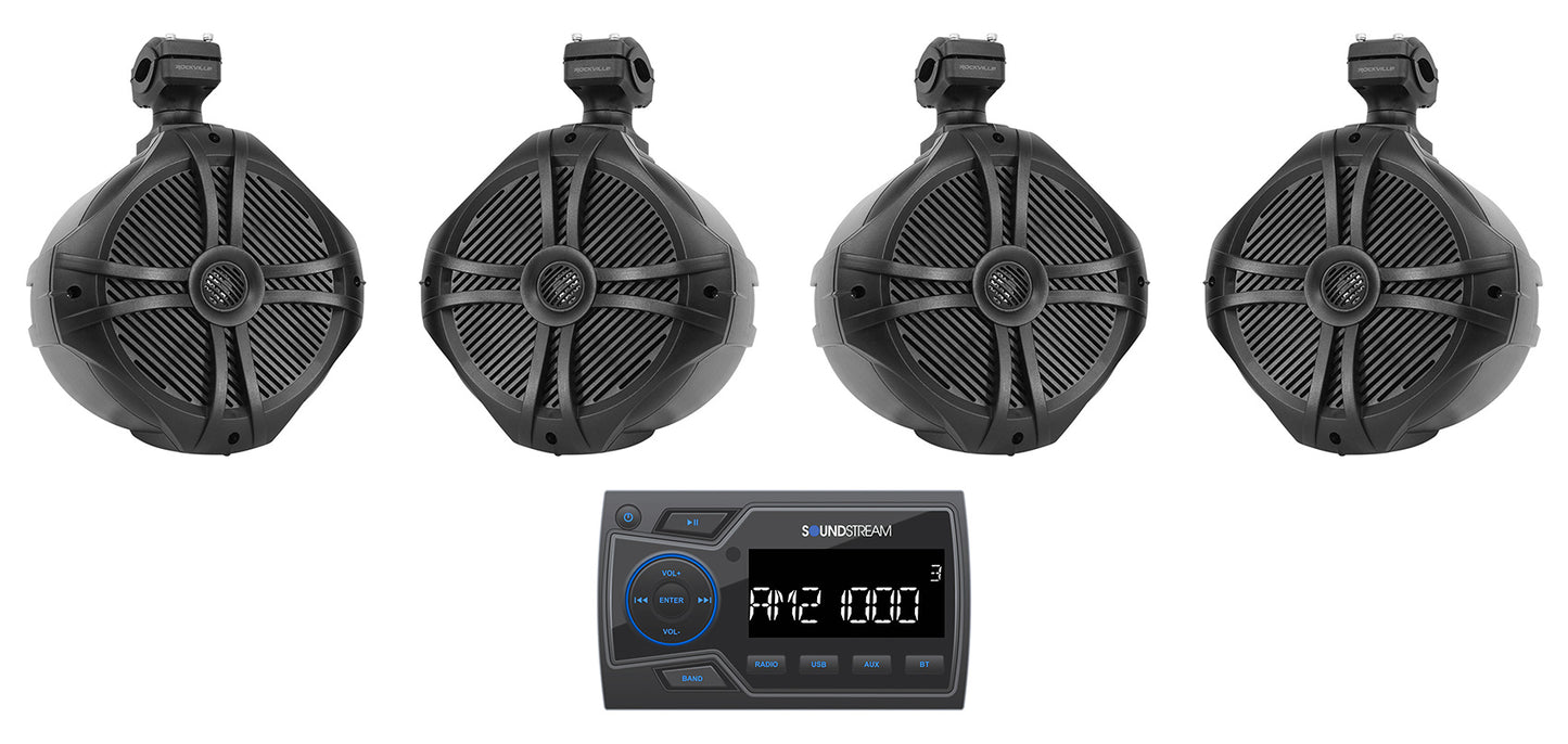 Soundstream MHU-32 Marine Boat ATV/UTV Bluetooth Receiver+(4) 8" Tower Speakers