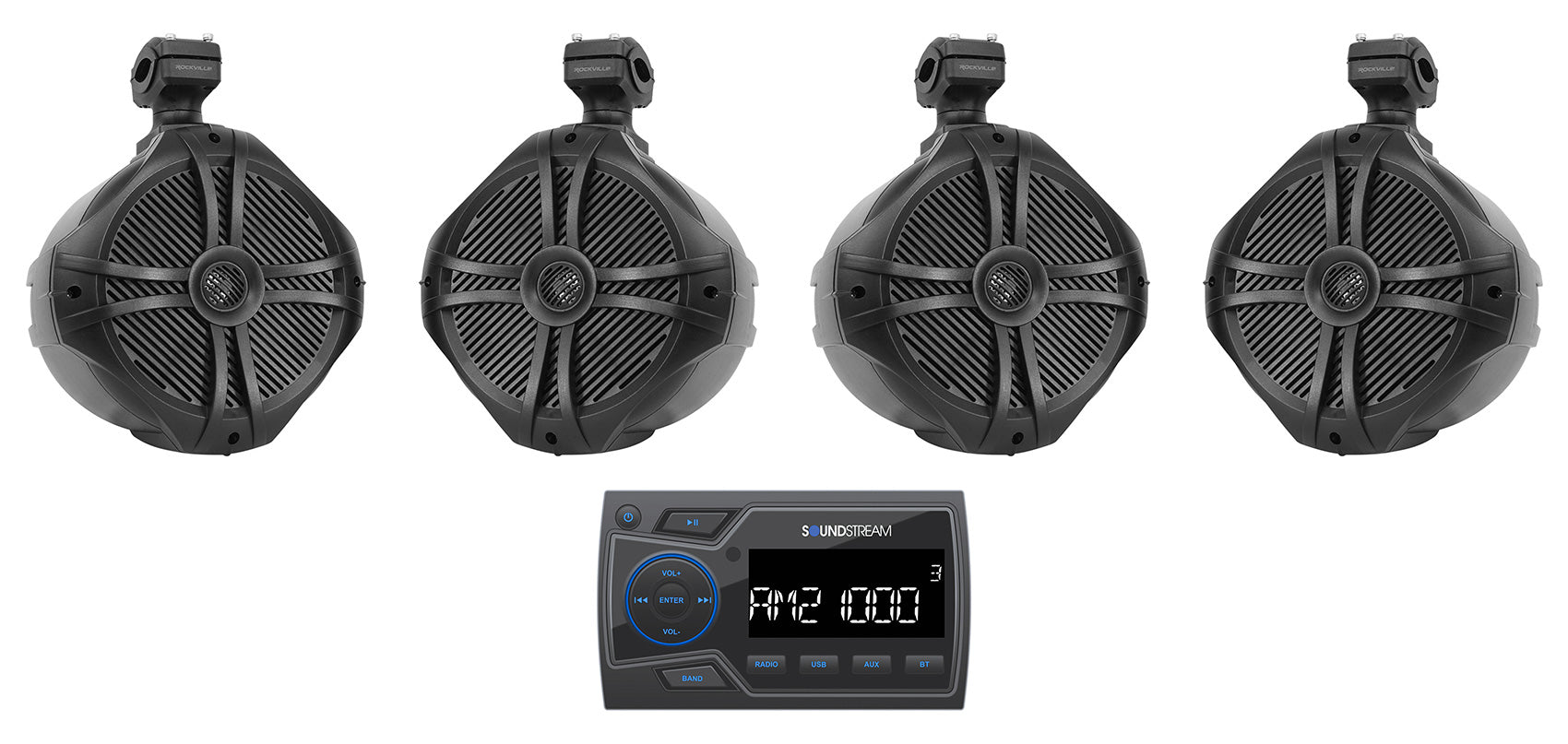 Soundstream MHU-32 Marine Boat ATV/UTV Bluetooth Receiver+(4) 8" Tower Speakers