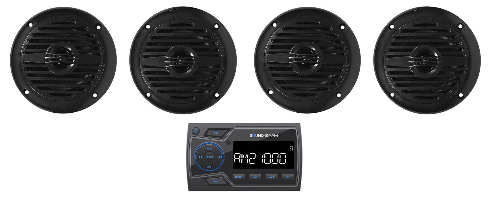 Soundstream MHU-32 Marine Boat ATV/UTV Bluetooth Receiver+(4) Black 4" Speakers