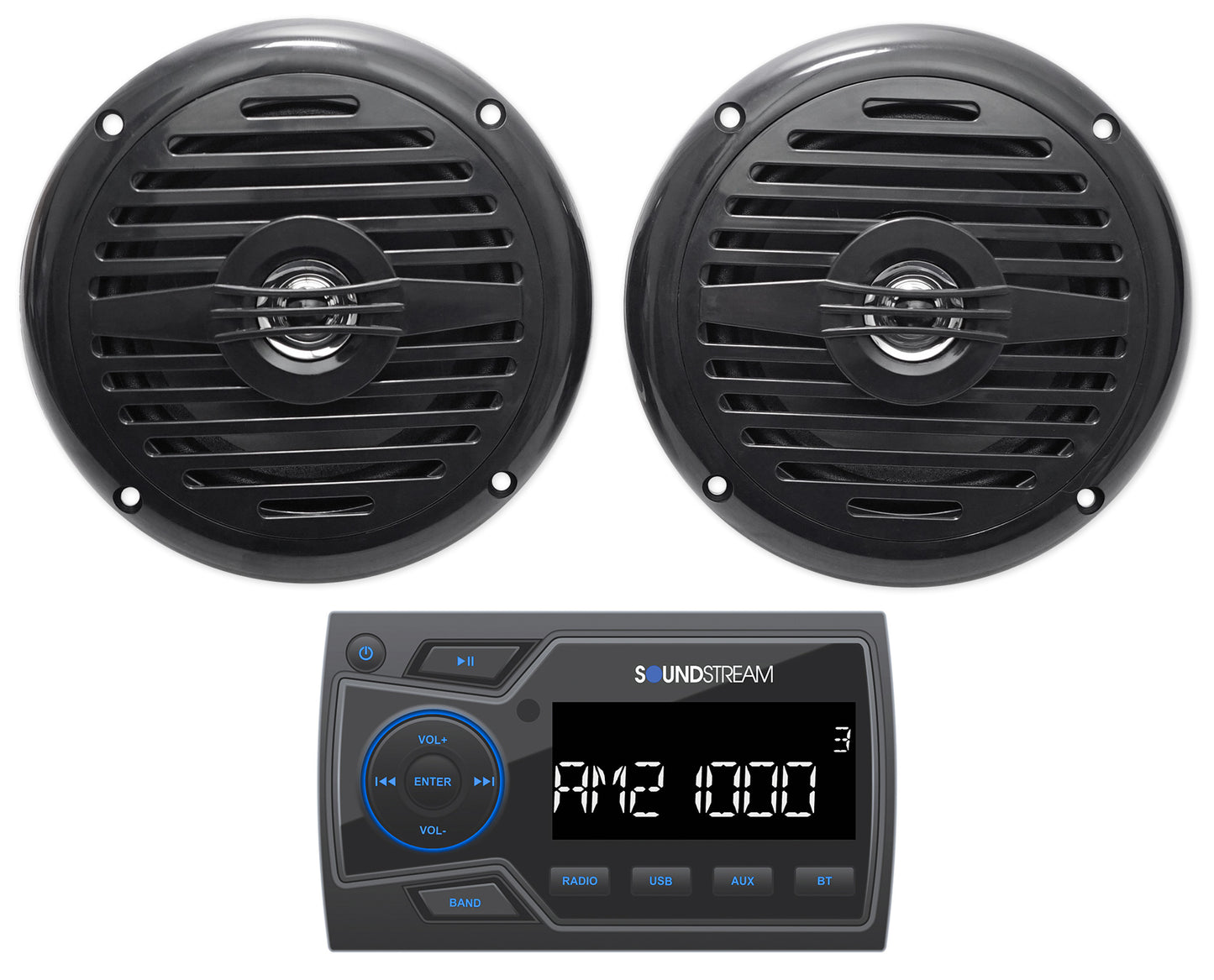 Soundstream MHU-32 Marine Boat ATV/UTV Bluetooth Receiver+2 Black 5.25" Speakers