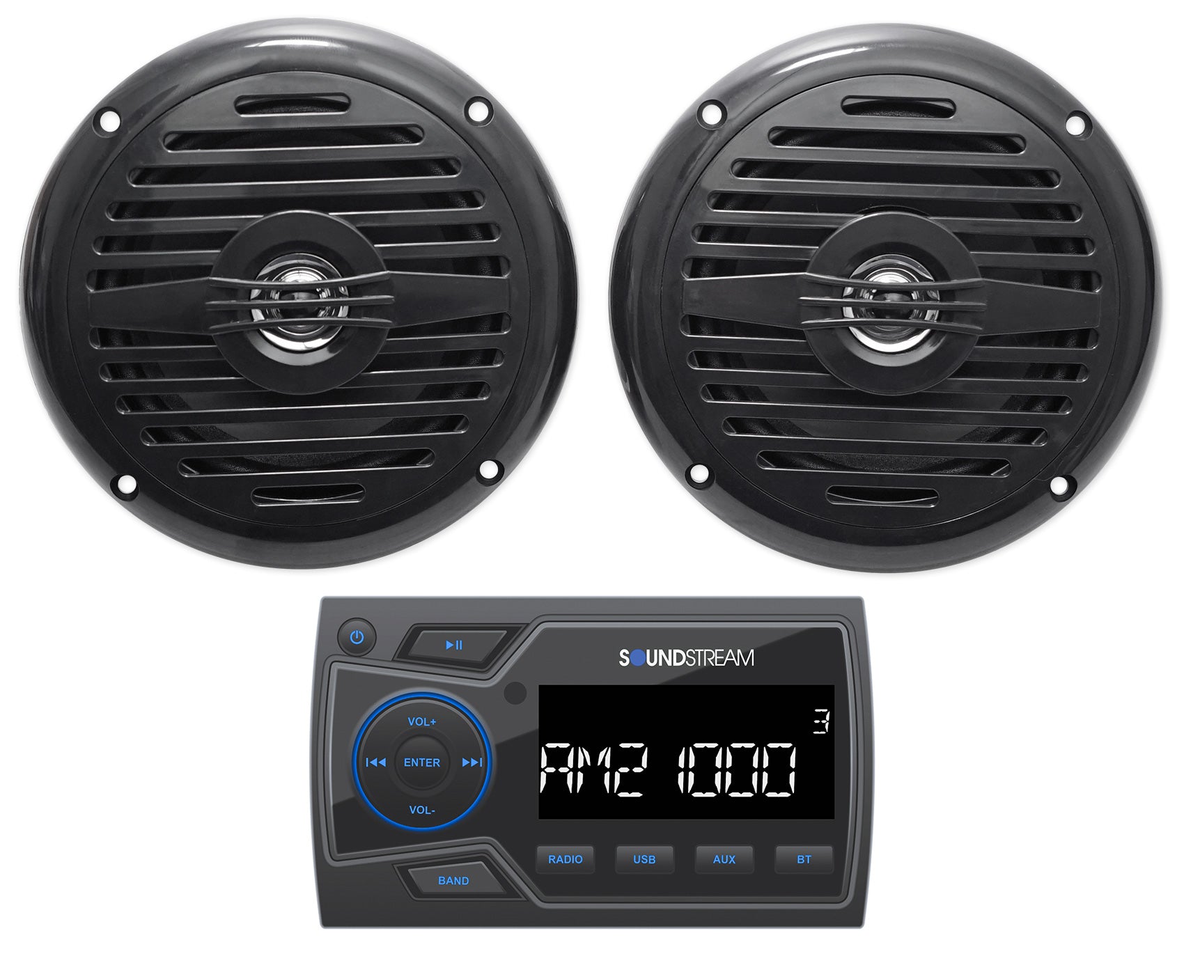 Soundstream MHU-32 Marine Boat ATV/UTV Bluetooth Receiver+2 Black 5.25" Speakers