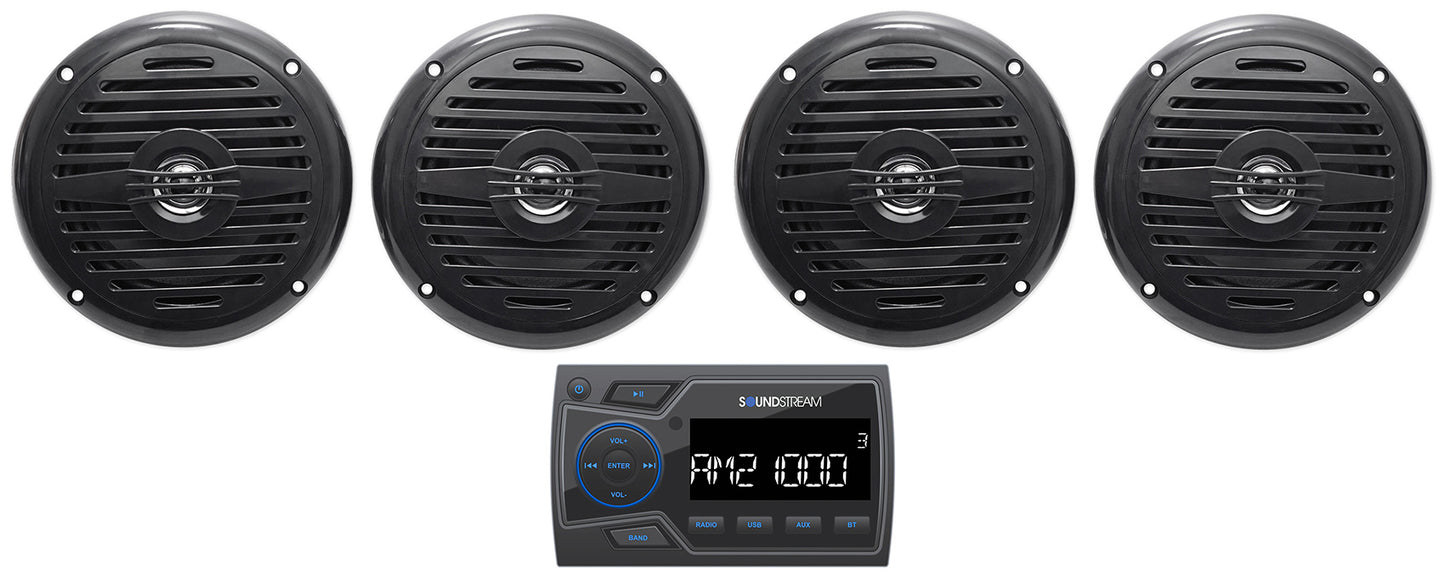 Soundstream MHU-32 Marine Boat ATV/UTV Bluetooth Receiver+4 Black 5.25" Speakers