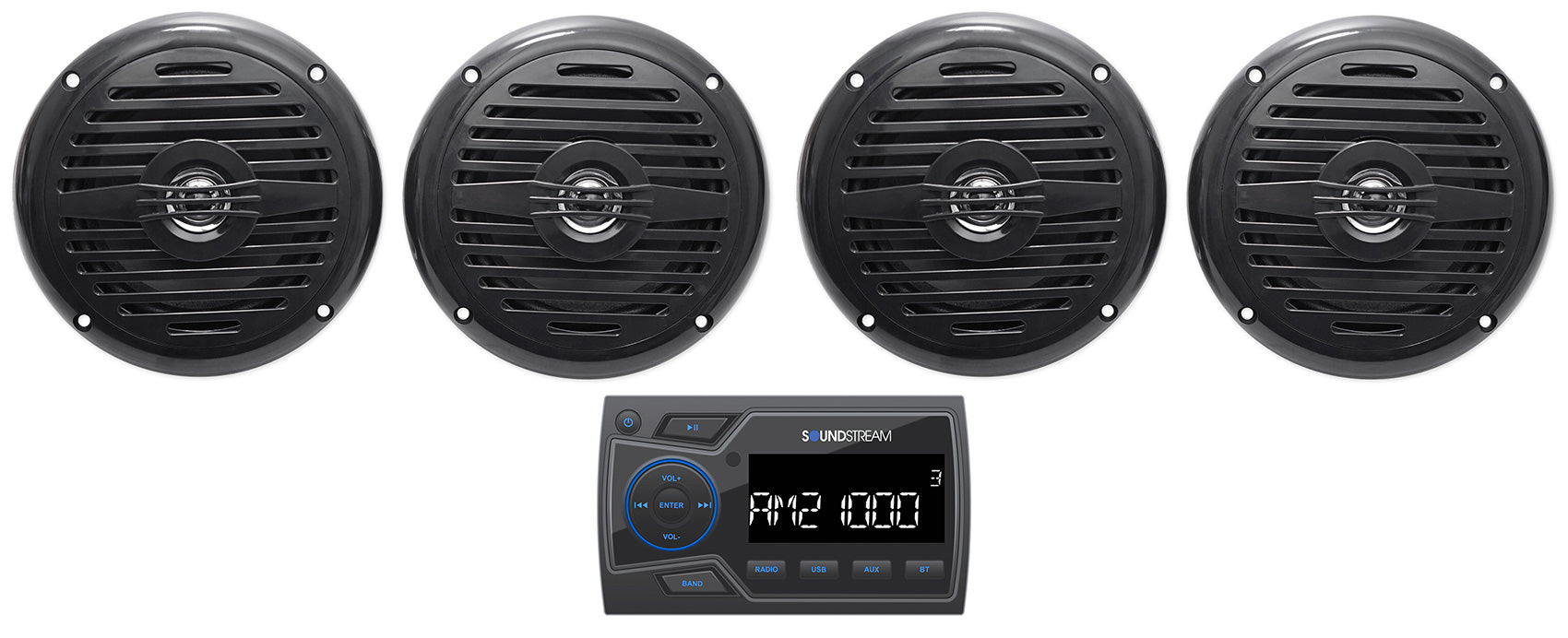 Soundstream MHU-32 Marine Boat ATV/UTV Bluetooth Receiver+4 Black 5.25" Speakers