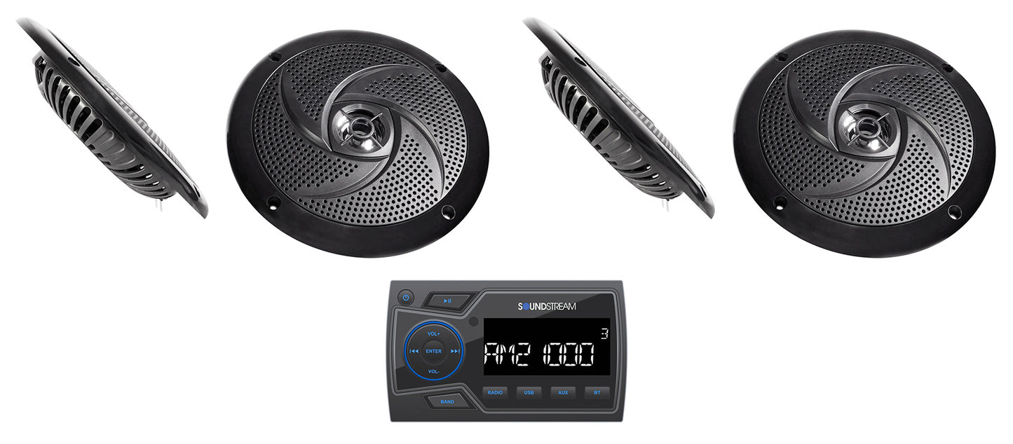 Soundstream MHU-32 Marine Boat ATV/UTV Bluetooth Receiver+4) Black 6.5" Speakers