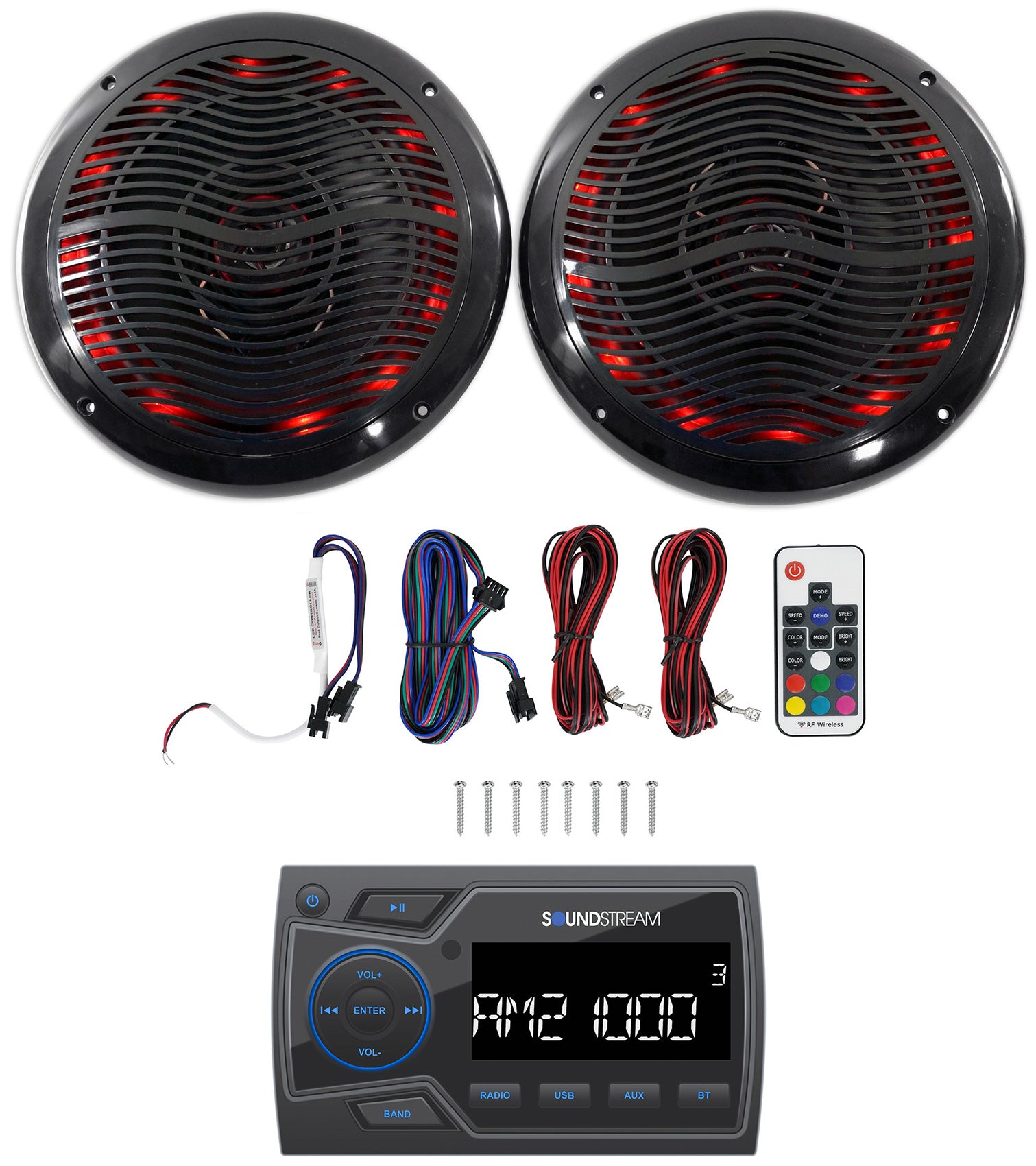 Soundstream MHU-32 Marine ATV/UTV Bluetooth Receiver+(2) Black 6.5" LED Speakers