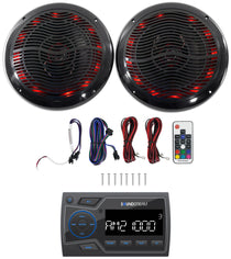 Soundstream MHU-32 Marine ATV/UTV Bluetooth Receiver+(2) Black 6.5" LED Speakers